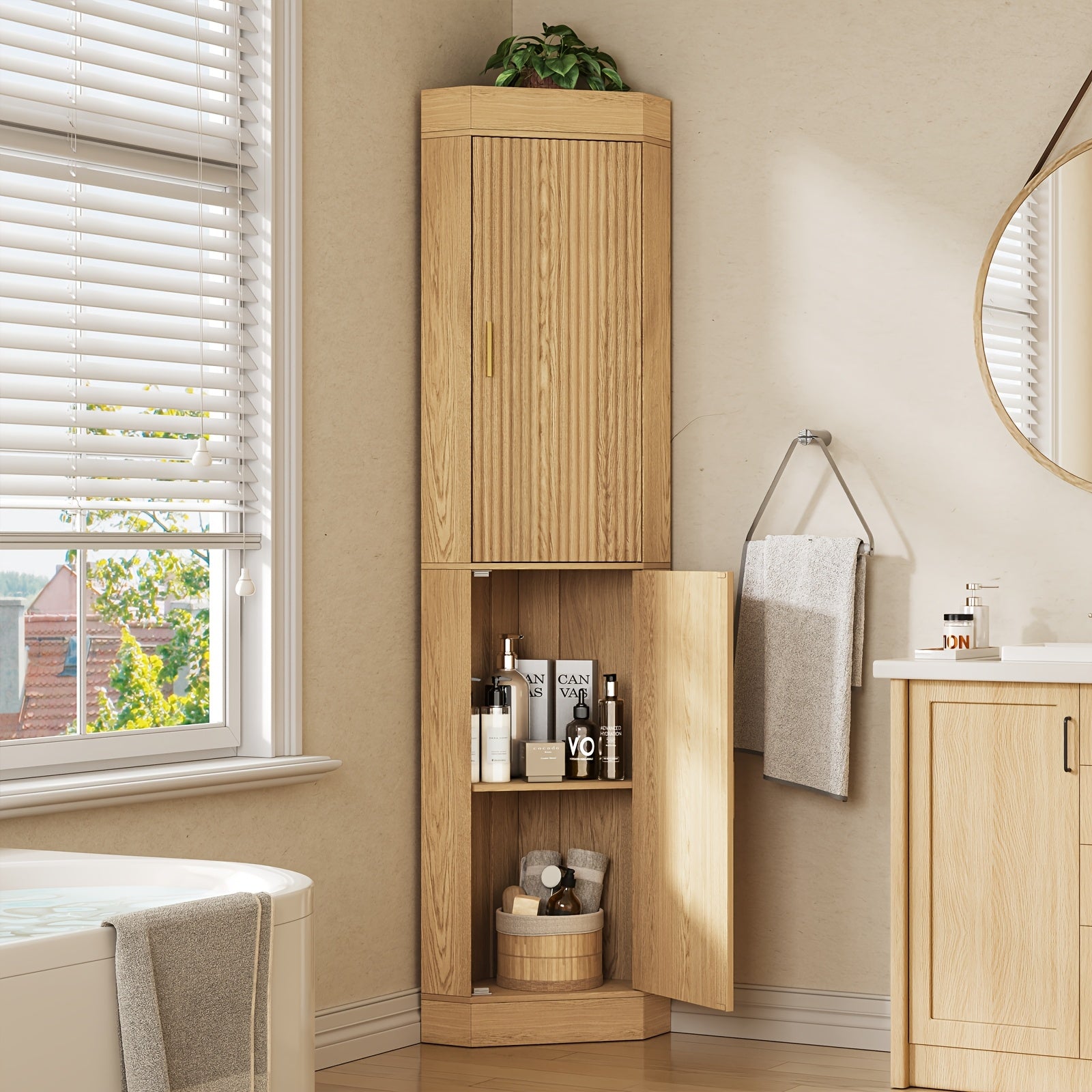70.5-Inch Tall Corner Storage Cabinet with Fluted Doors, Entryway Corner Cabinet Organizer with Adjustable Shelves, Space Saving Storage for Hallway, Living Room, Bathroom, White, Natural, Gray, Walnut