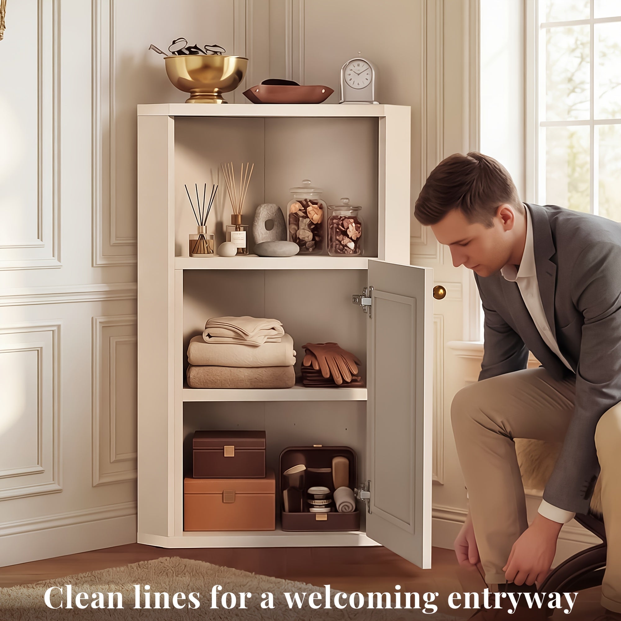 OMCHOM Tall Corner Storage Cabinet Freestanding Narrow Space-Saving Cabinet with Rattan Door & Adjustable Shelves, Anti-Tip Base Suitable for Bathroom, Bedroom, Living Room, Home Office, Walnut & Furniture Organizer