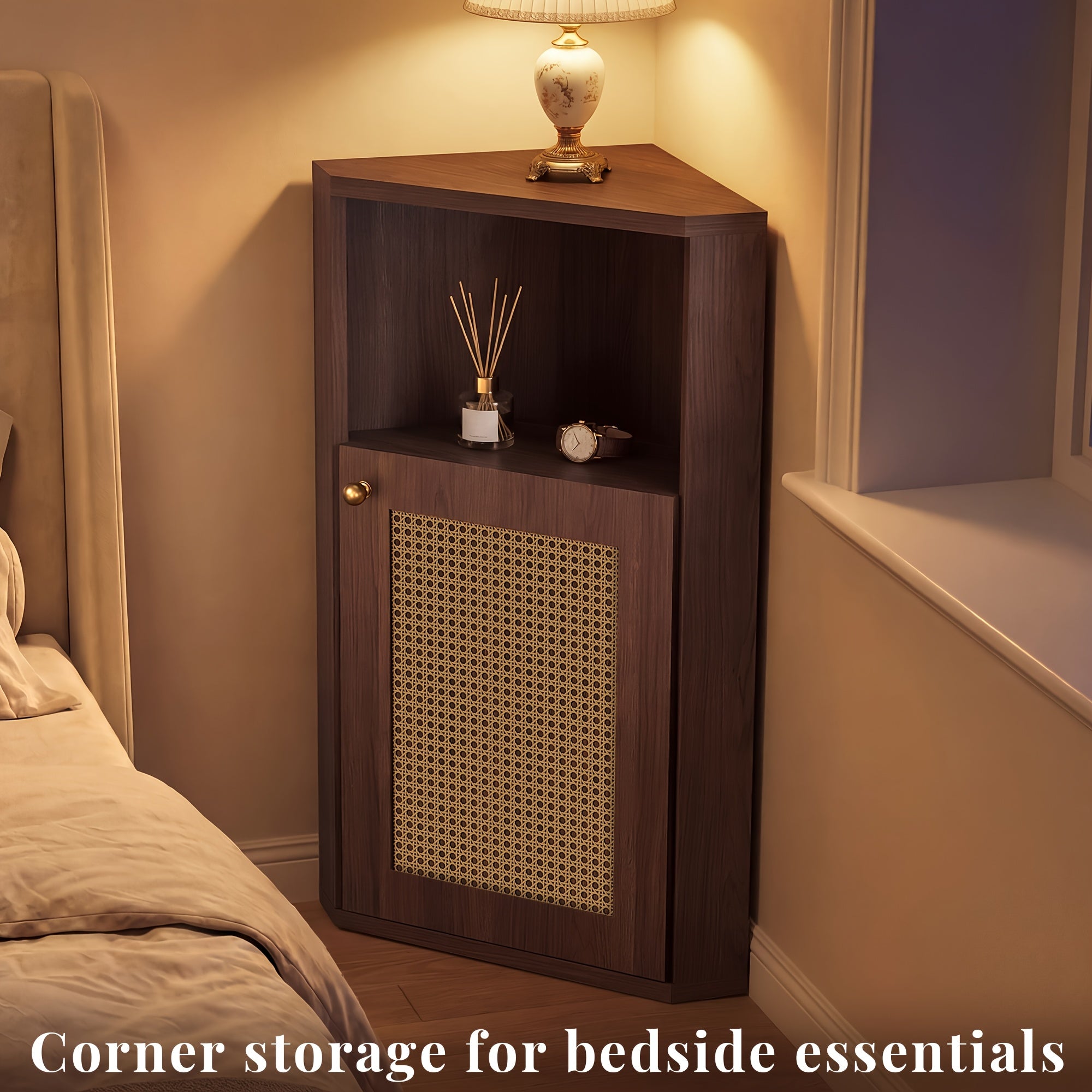 OMCHOM Tall Corner Storage Cabinet Freestanding Narrow Space-Saving Cabinet with Rattan Door & Adjustable Shelves, Anti-Tip Base Suitable for Bathroom, Bedroom, Living Room, Home Office, Walnut & Furniture Organizer