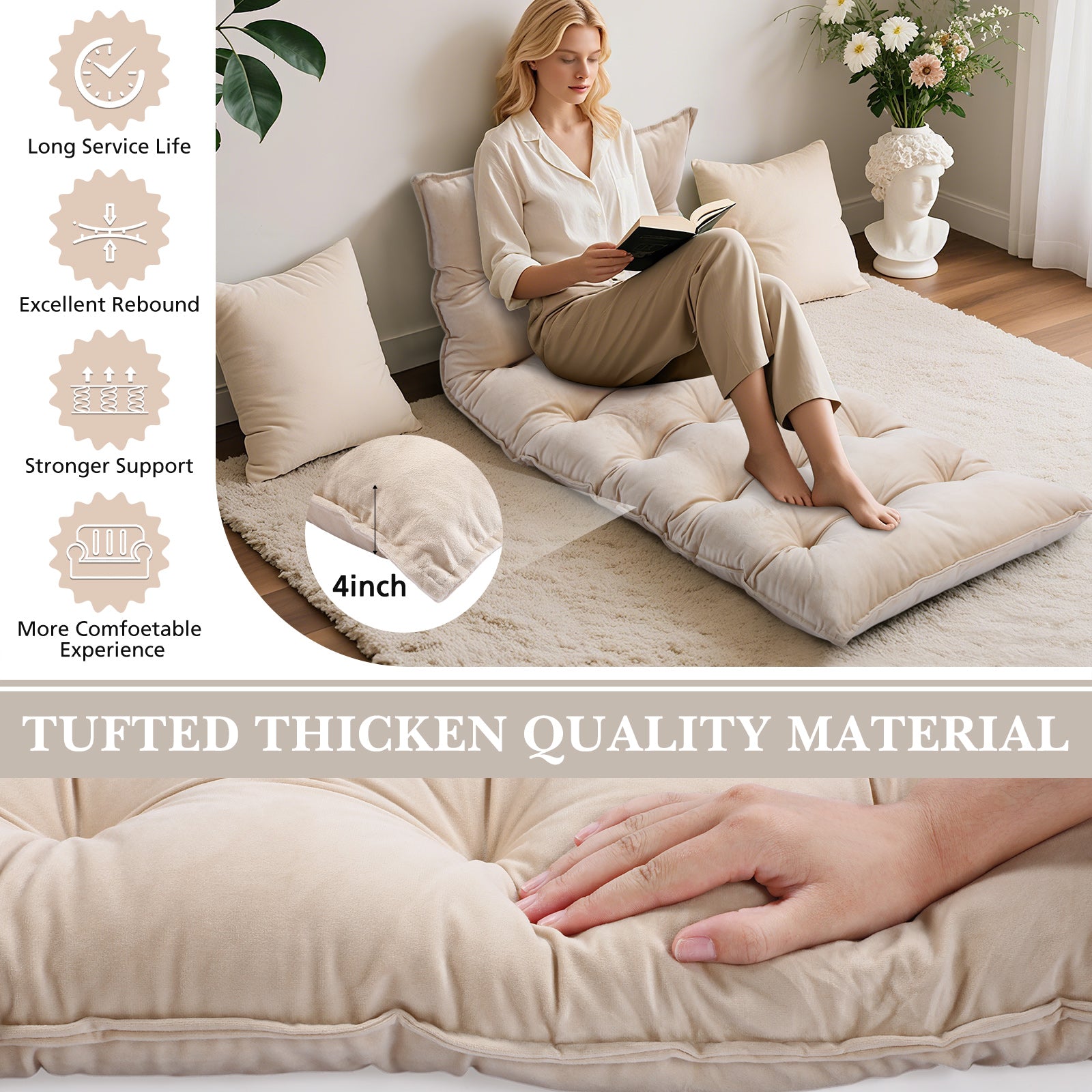 Bench Cushion for Indoor Furniture 48x18in Velvet Thicken Indoor Window Seat Cushion, Soft Piano Sofa, Entryway Storage, Bay Window Tufted Patio Porch Swing Bench Pad Memory Foam(Ivory)Garden Furniture and Chair Cushions