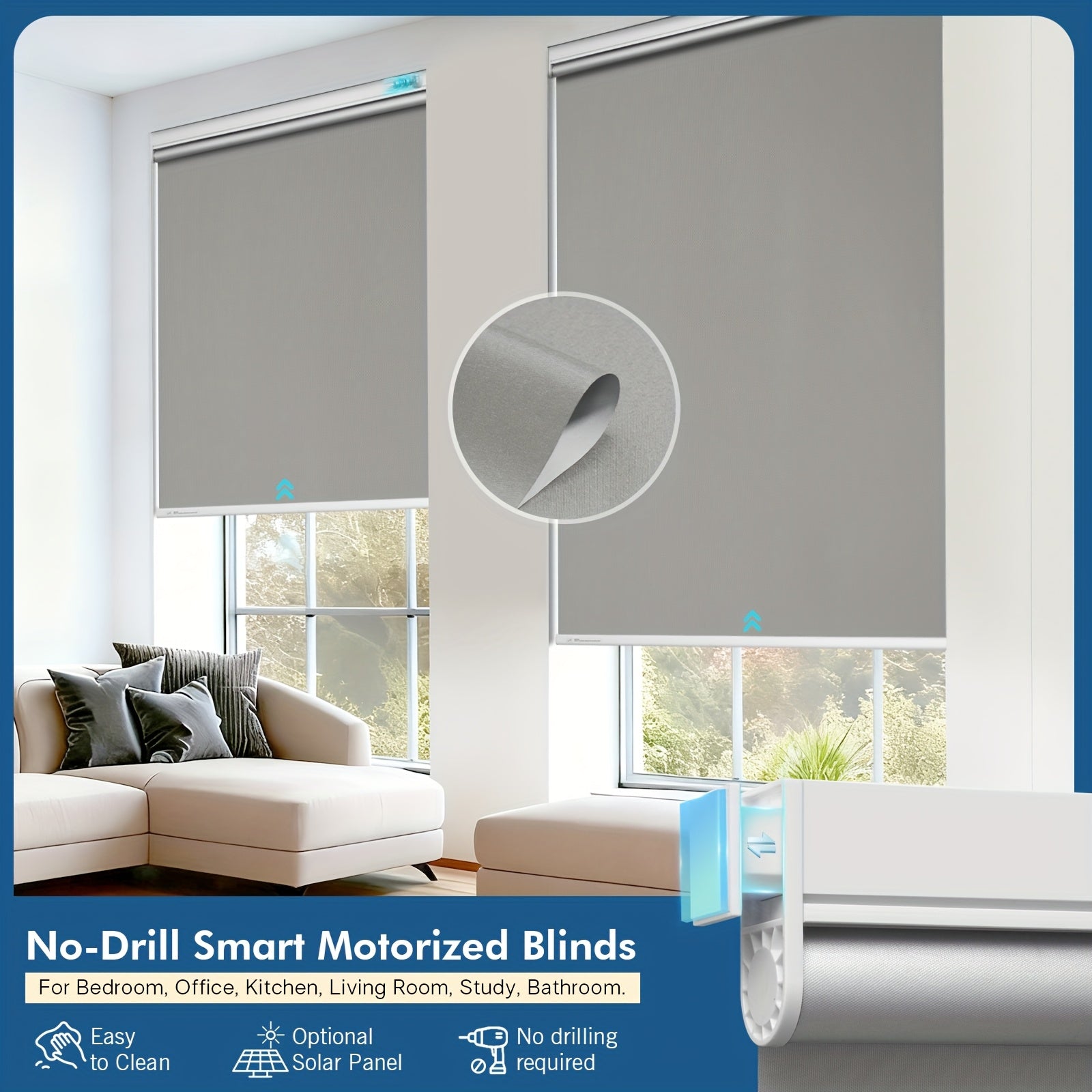 No-drill Roller Blinds, Solar Powered Electric Roller Blinds, Blinds with Remote Control, Solar Charging, Cordless, Privacy Protection, Suitable for Home And Office Decoration.