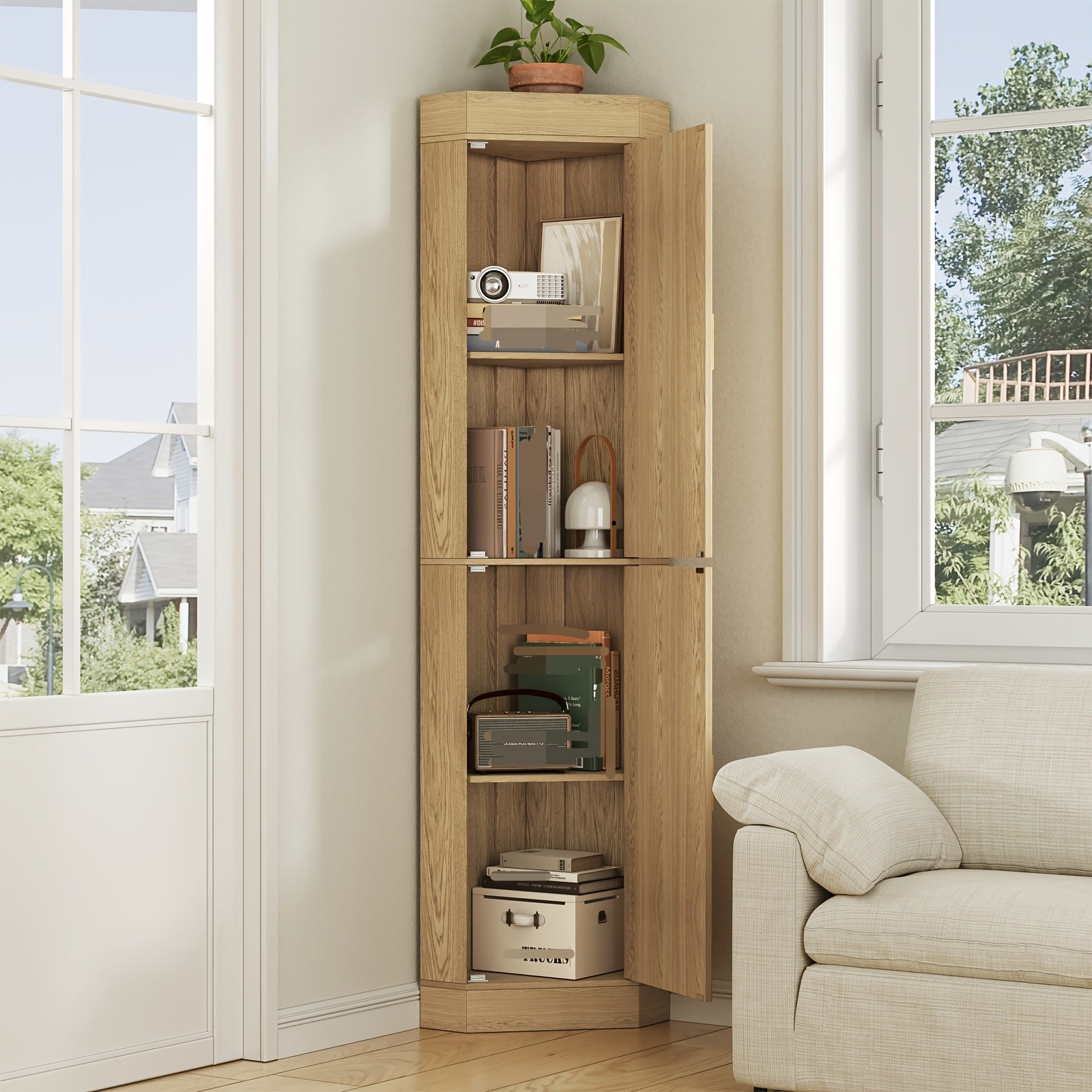 70.5-Inch Tall Corner Storage Cabinet with Fluted Doors, Entryway Corner Cabinet Organizer with Adjustable Shelves, Space Saving Storage for Hallway, Living Room, Bathroom, White, Natural, Gray, Walnut