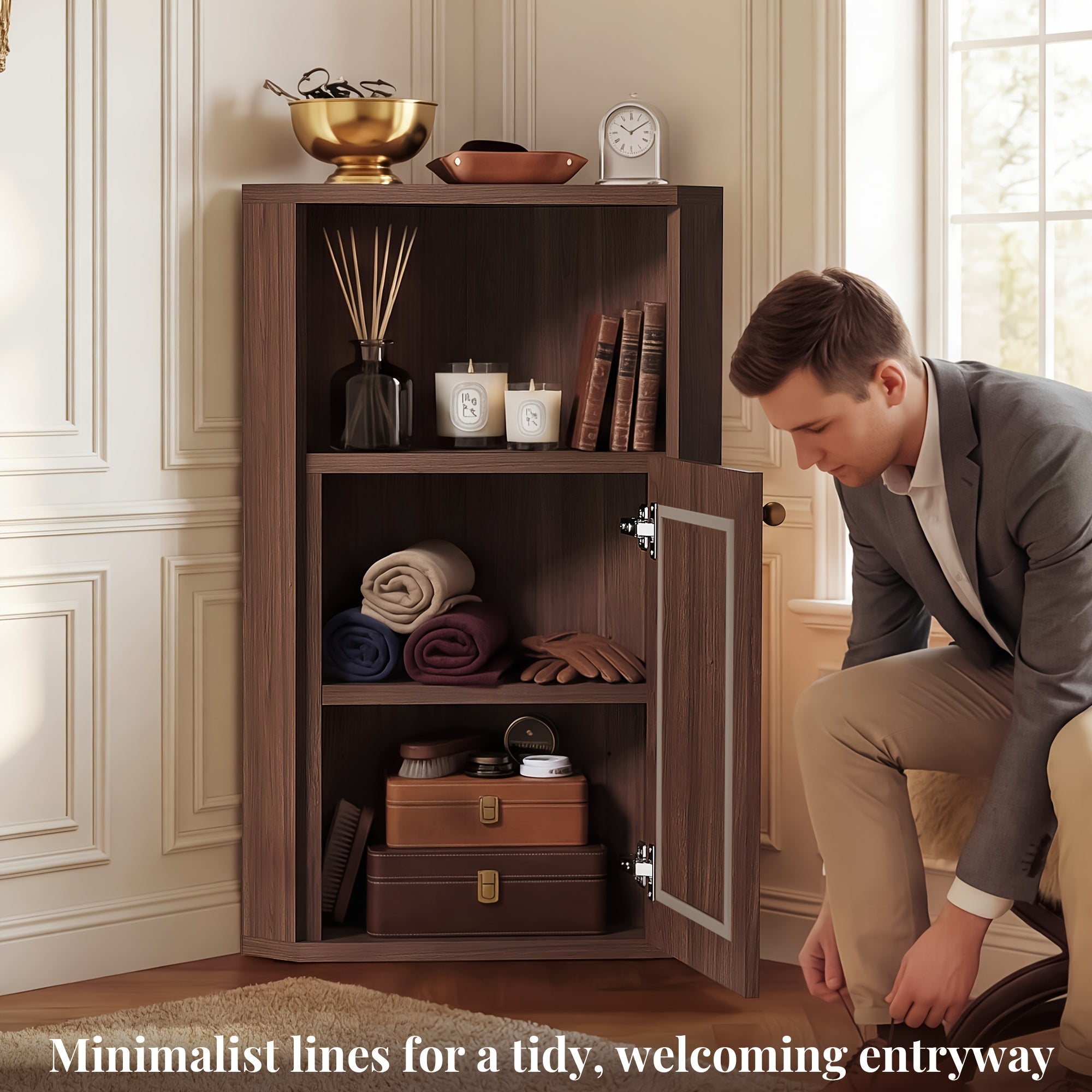 OMCHOM Corner Storage Cabinet with Door, Space-Saving Freestanding Corner Shelf Organizer, 3-Tier Cabinet for Bathroom, Entryway And Living Room, Versatile Home Storage Solution for Small Corners