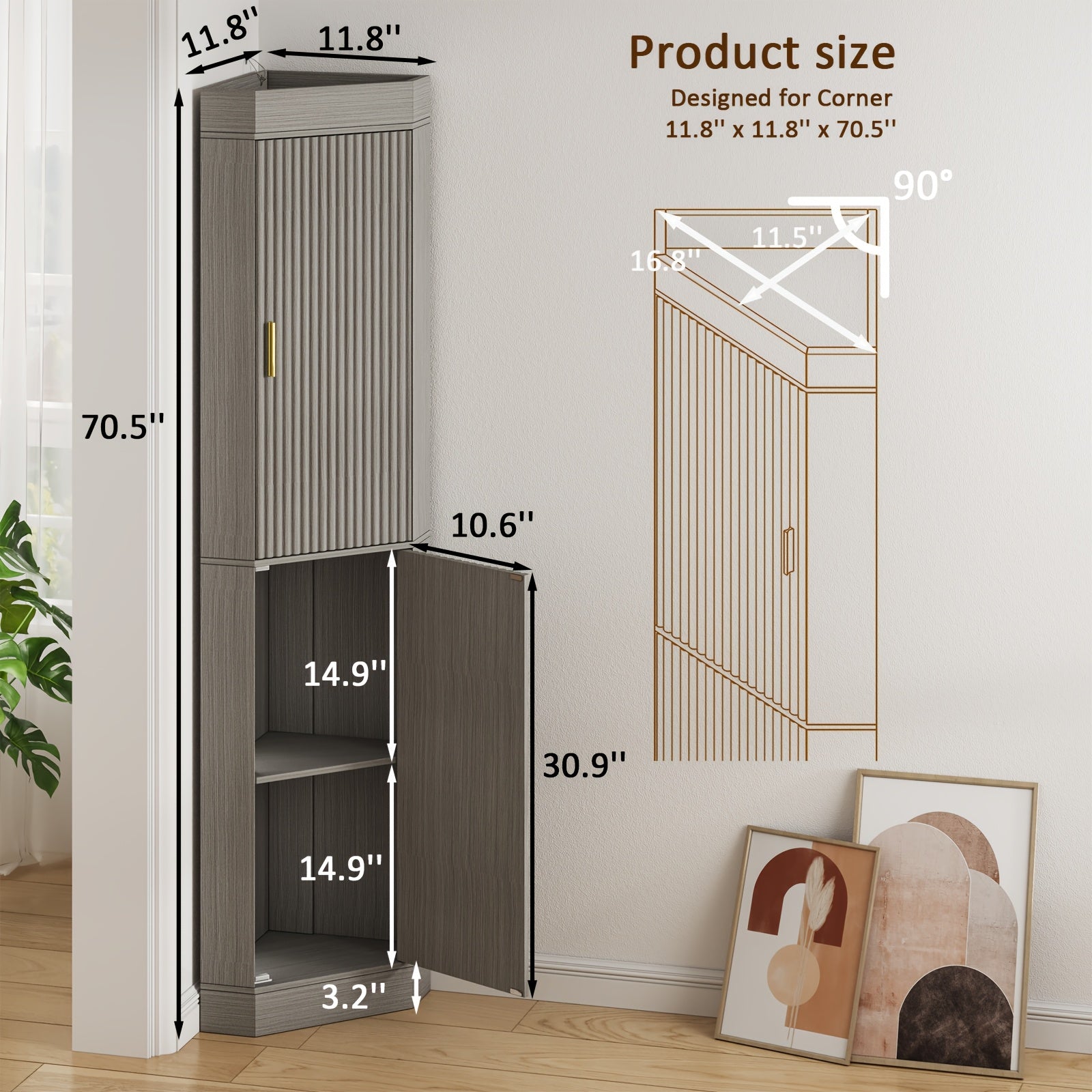 70.5-Inch Tall Corner Storage Cabinet with Fluted Doors, Entryway Corner Cabinet Organizer with Adjustable Shelves, Space Saving Storage for Hallway, Living Room, Bathroom, White, Natural, Gray, Walnut