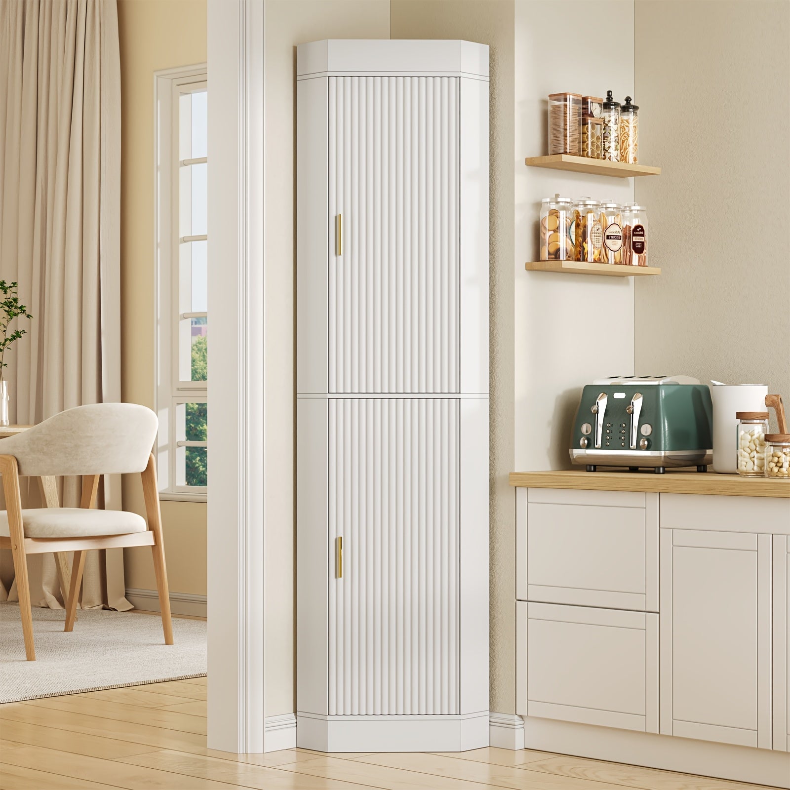 Corner Bar Cabinet with Fluted Doors, Corner Hutch with Storage, Tall Corner Cabinet with Adjustable Shelves, Home Space Saver for Kitchen, Living Room, Bedroom, Bathroom, Laundry, White, Natural