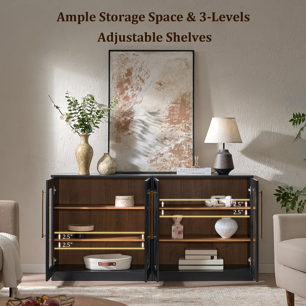 Modern Fort Luxury Glass Sideboard 62'', Handmade Fluted Buffet Cabinet with Adjustable Shelves, Durable Wood Easy Assemble Modular Credenza for Living Room Kitchen Dining Room Entryway, White\u002FBlack