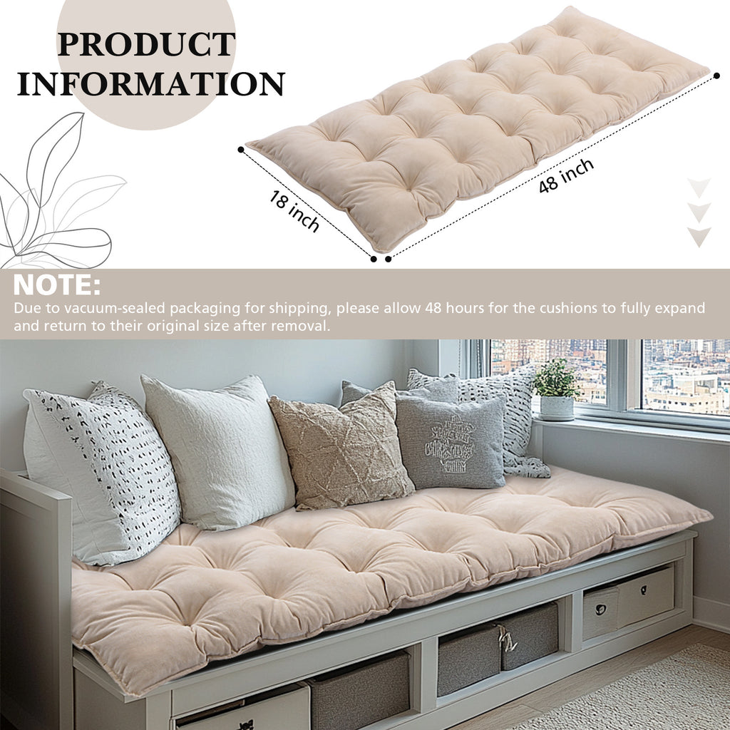 Bench Cushion for Indoor Furniture 48x18in Velvet Thicken Indoor Window Seat Cushion, Soft Piano Sofa, Entryway Storage, Bay Window Tufted Patio Porch Swing Bench Pad Memory Foam(Ivory)Garden Furniture and Chair Cushions