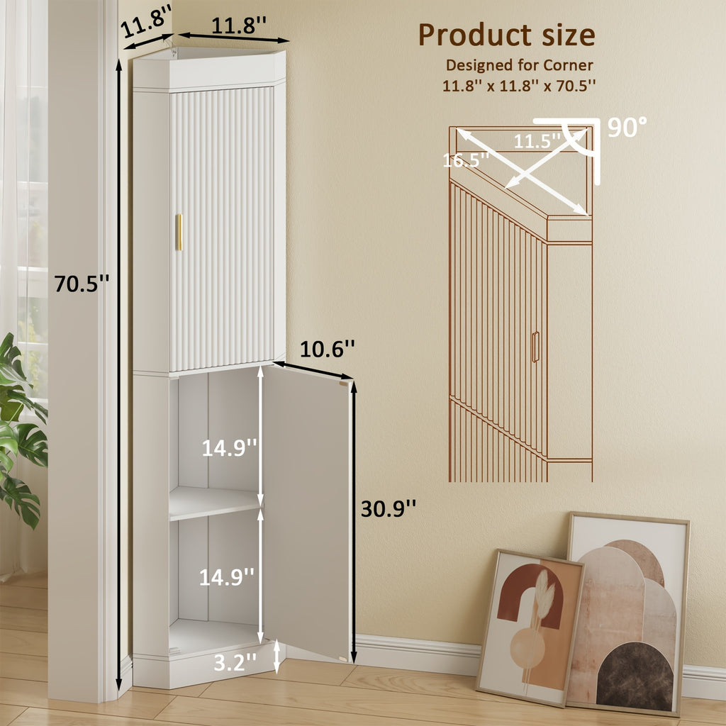 Corner Bar Cabinet with Fluted Doors, Corner Hutch with Storage, Tall Corner Cabinet with Adjustable Shelves, Home Space Saver for Kitchen, Living Room, Bedroom, Bathroom, Laundry, White, Natural