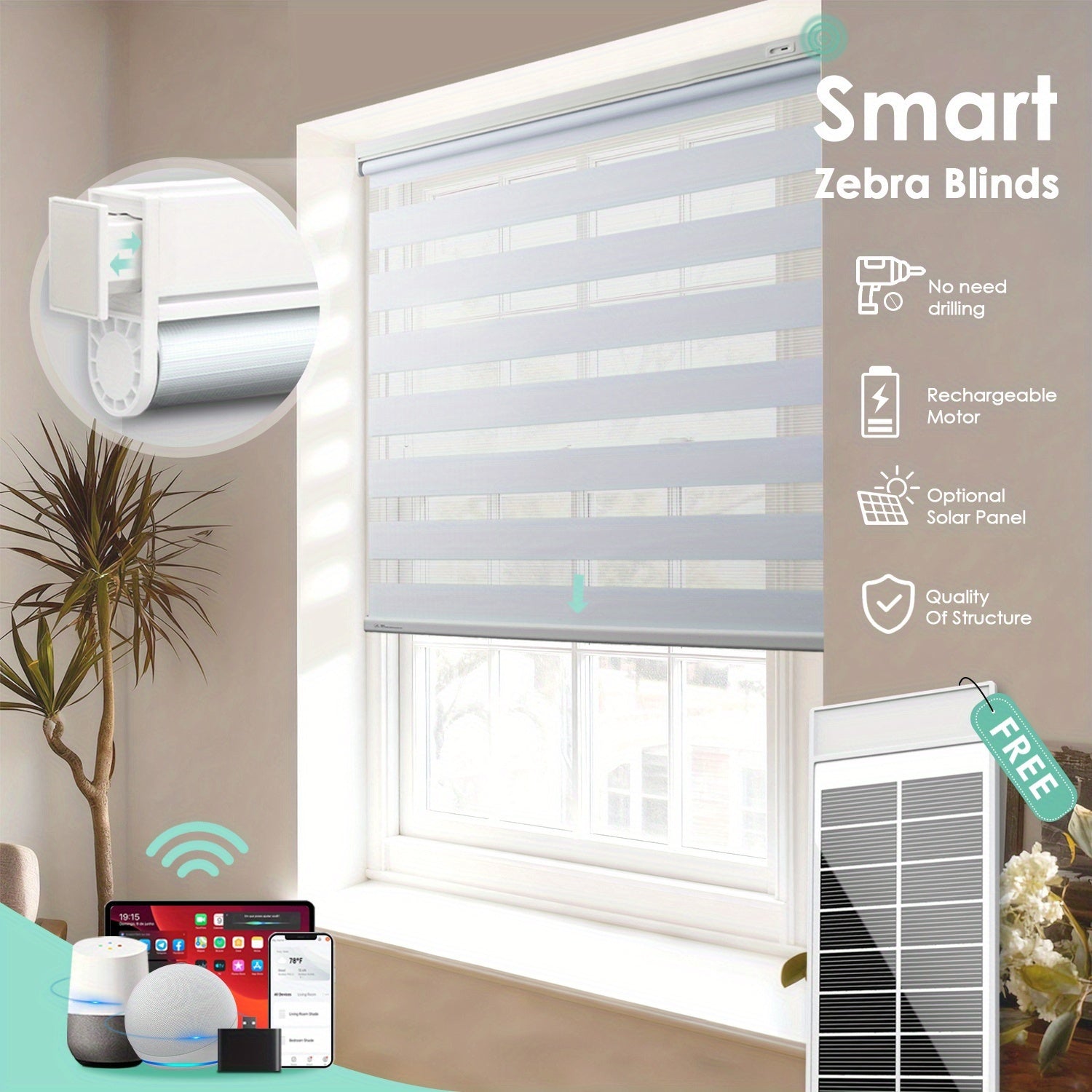 No-drill Electric Zebra Blind,, Solar Powered Double-layer Automatic Sunshade with Remote Control Function, Rechargeable Intelligent Horizontal Wireless Electric Window Sunshade, Room Decor.