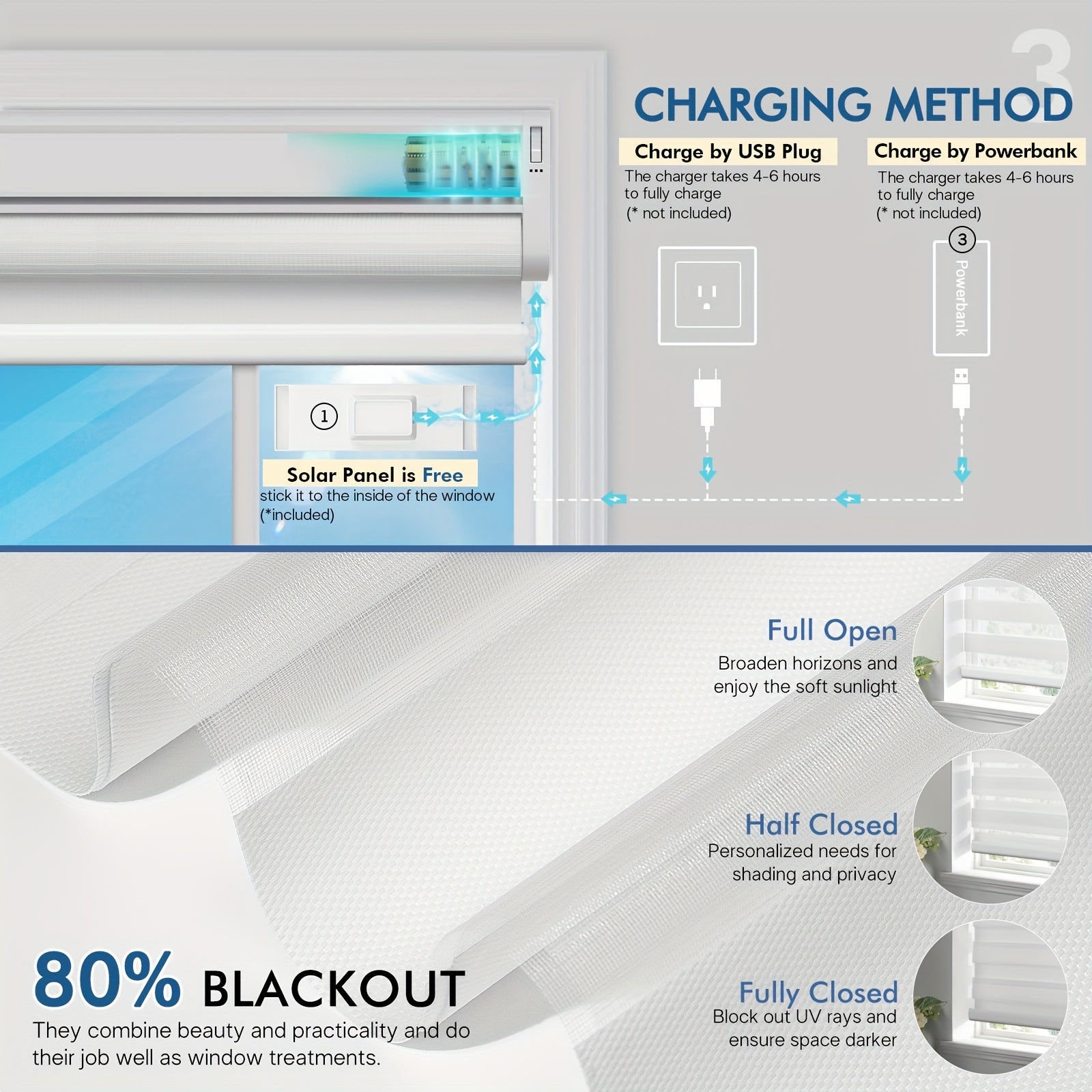 No-Drill Zebra Shades, Solar Blinds, Intelligent Electric Roller Shades, Dual Layer Light Filtering And Blackout Privacy Protected for Day And Night, Free-Stop Zebra Shades for Home Office, Easy to Install