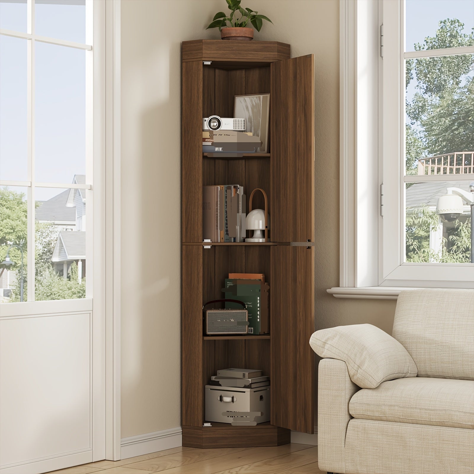 70.5-Inch Tall Corner Storage Cabinet with Fluted Doors, Entryway Corner Cabinet Organizer with Adjustable Shelves, Space Saving Storage for Hallway, Living Room, Bathroom, White, Natural, Gray, Walnut