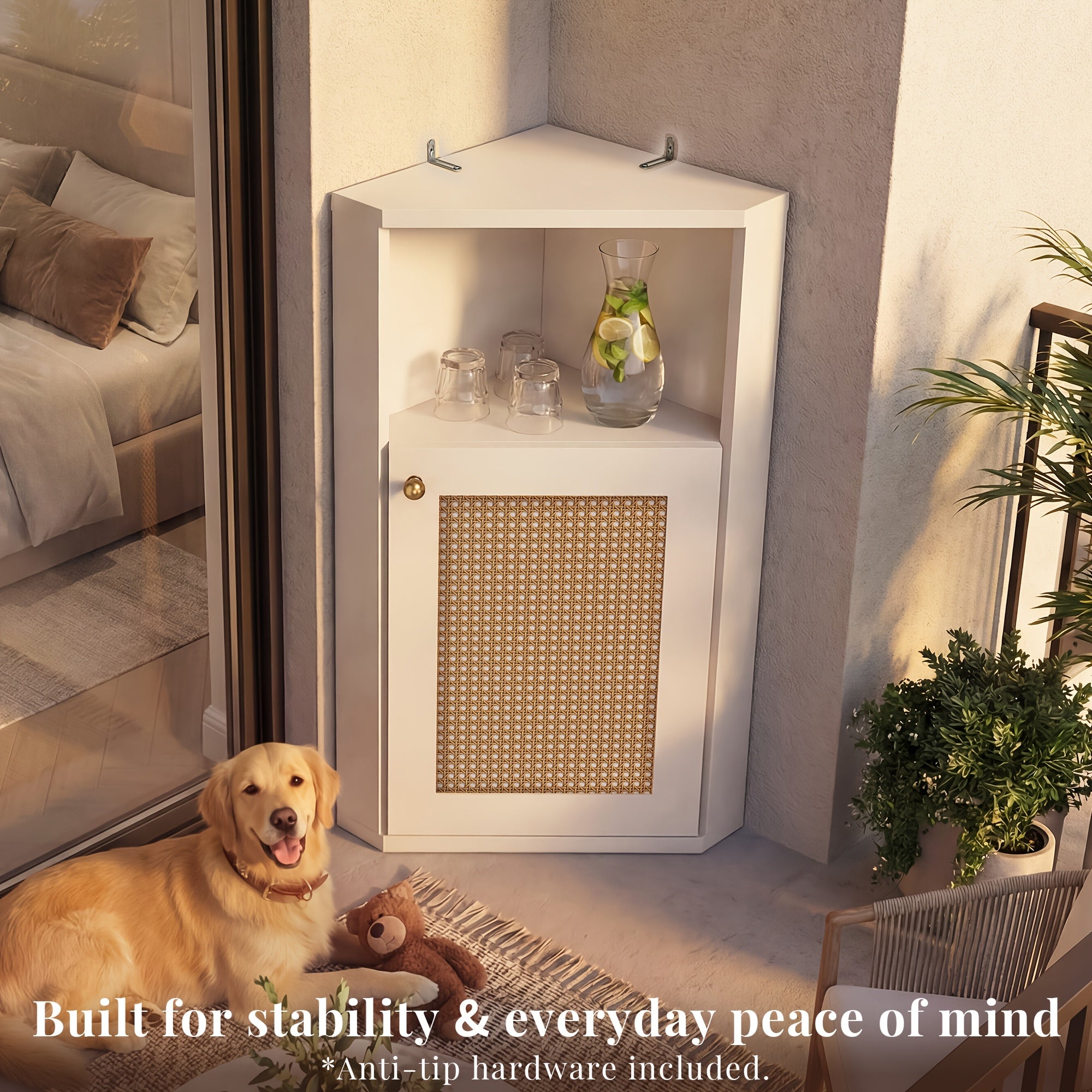 OMCHOM Tall Corner Storage Cabinet Freestanding Narrow Space-Saving Cabinet with Rattan Door & Adjustable Shelves, Anti-Tip Base Suitable for Bathroom, Bedroom, Living Room, Home Office, Walnut & Furniture Organizer