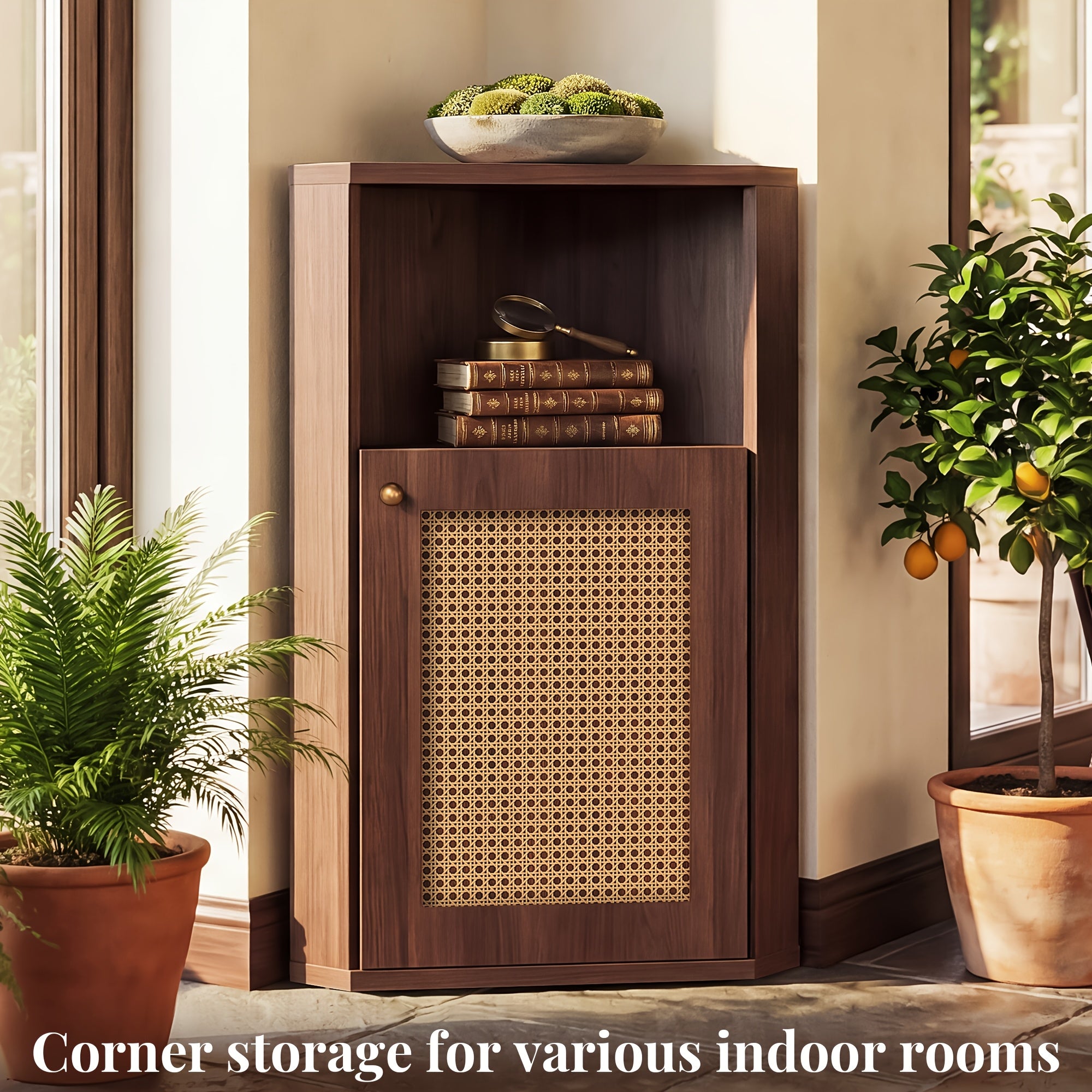 OMCHOM Tall Corner Storage Cabinet Freestanding Narrow Space-Saving Cabinet with Rattan Door & Adjustable Shelves, Anti-Tip Base Suitable for Bathroom, Bedroom, Living Room, Home Office, Walnut & Furniture Organizer