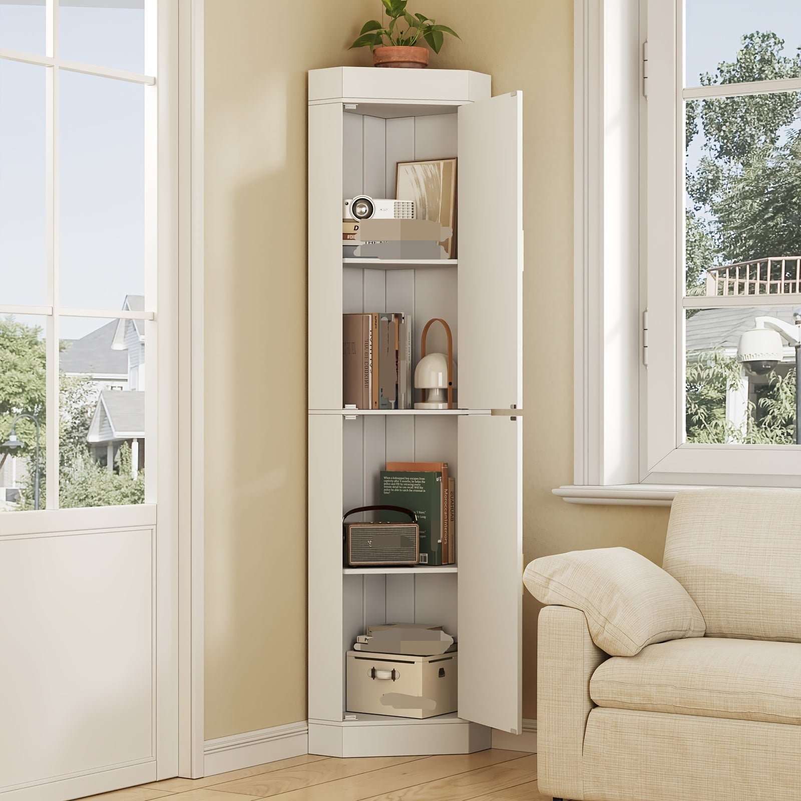 70.5-Inch Tall Corner Storage Cabinet with Fluted Doors, Entryway Corner Cabinet Organizer with Adjustable Shelves, Space Saving Storage for Hallway, Living Room, Bathroom, White, Natural, Gray, Walnut