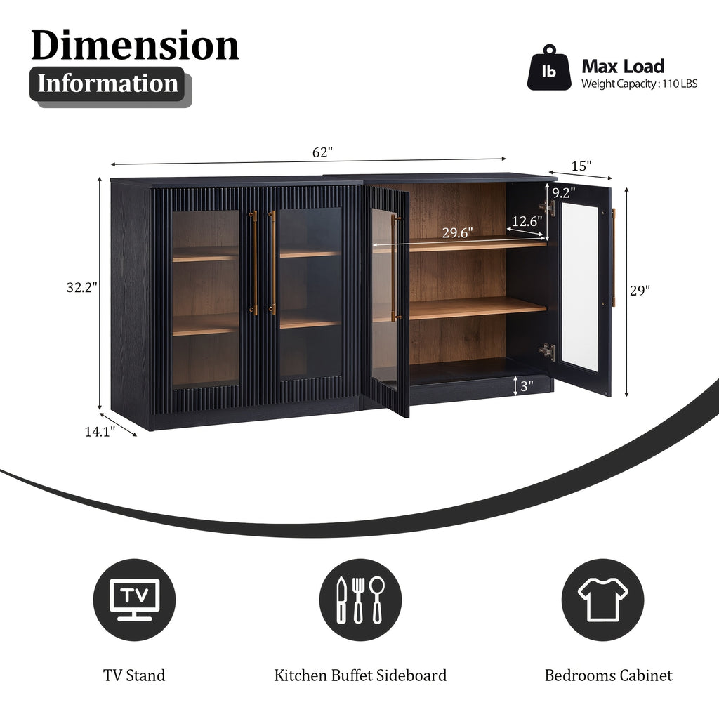 Modern Fort Luxury Glass Sideboard 62'', Handmade Fluted Buffet Cabinet with Adjustable Shelves, Durable Wood Easy Assemble Modular Credenza for Living Room Kitchen Dining Room Entryway, White\u002FBlack