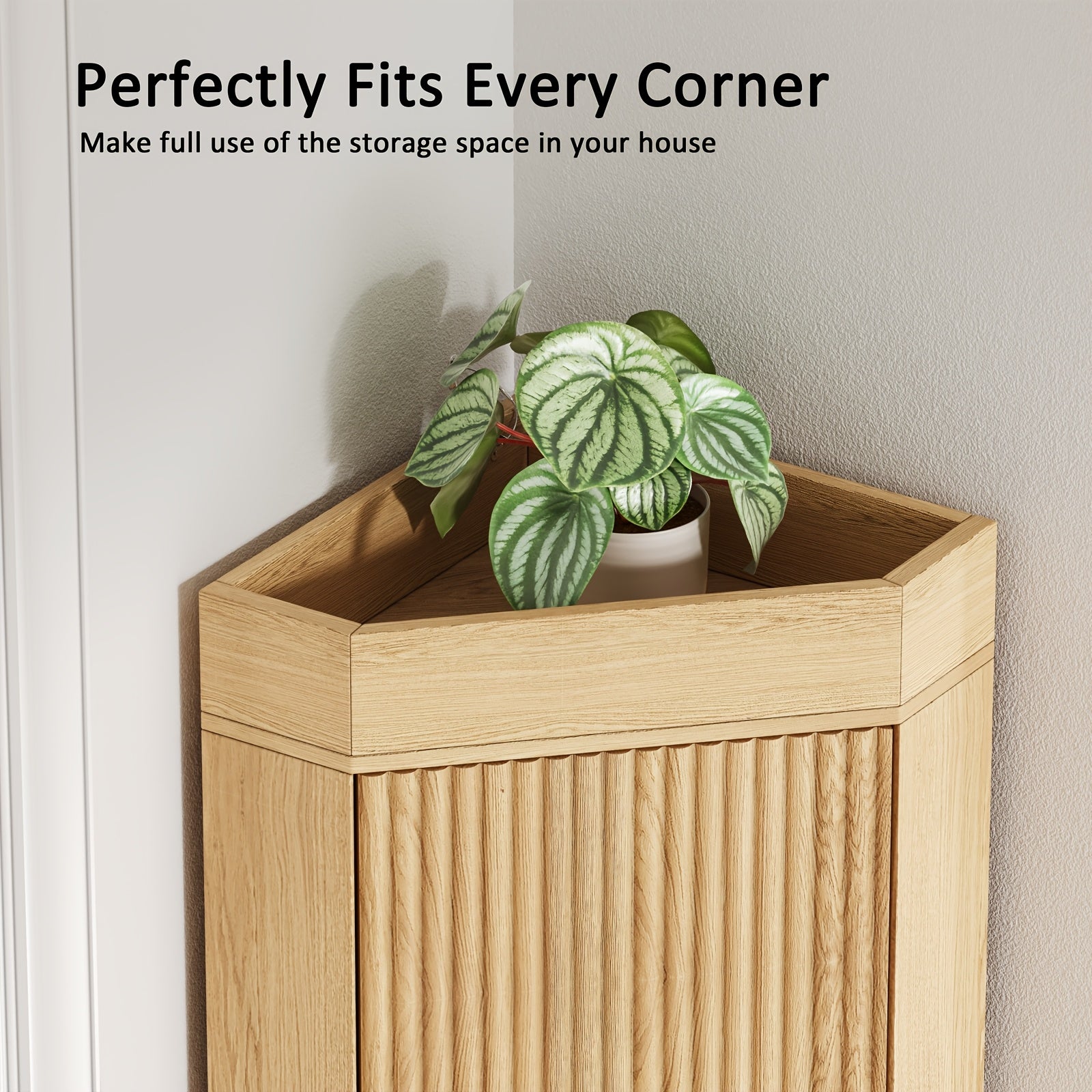 Corner Bar Cabinet with Fluted Doors, Corner Hutch with Storage, Tall Corner Cabinet with Adjustable Shelves, Home Space Saver for Kitchen, Living Room, Bedroom, Bathroom, Laundry, White, Natural