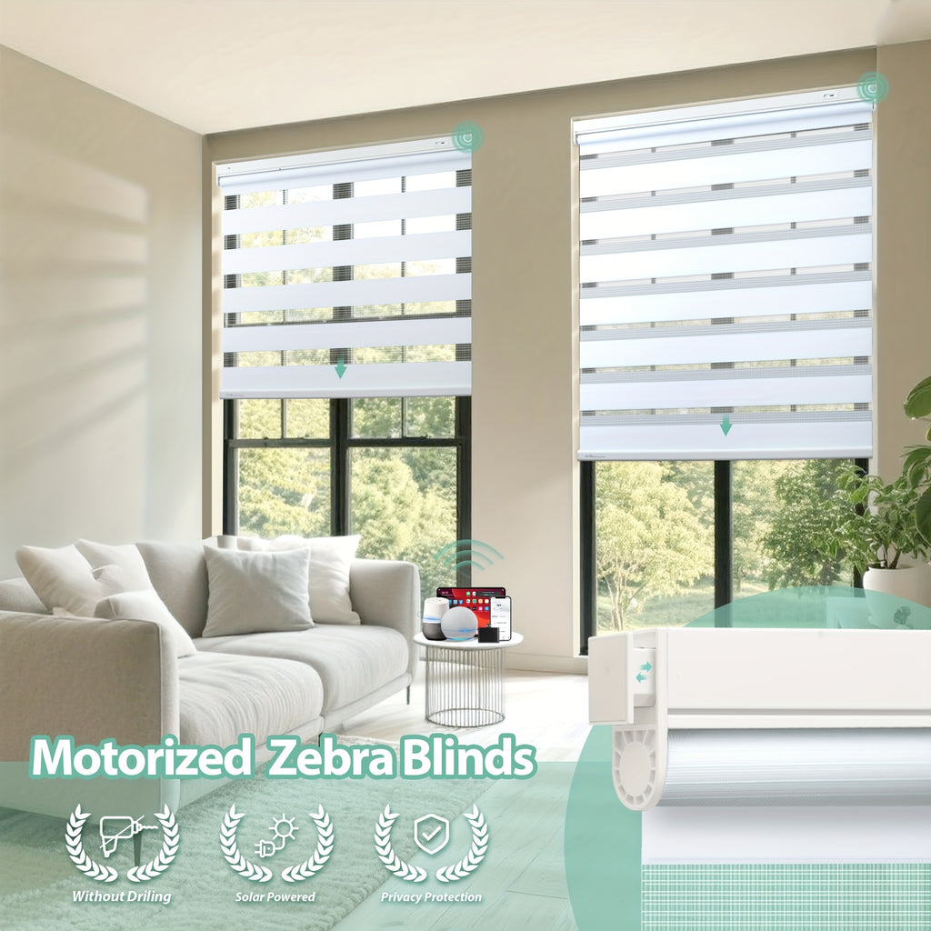 No-drill Electric Zebra Blind,, Solar Powered Double-layer Automatic Sunshade with Remote Control Function, Rechargeable Intelligent Horizontal Wireless Electric Window Sunshade, Room Decor.