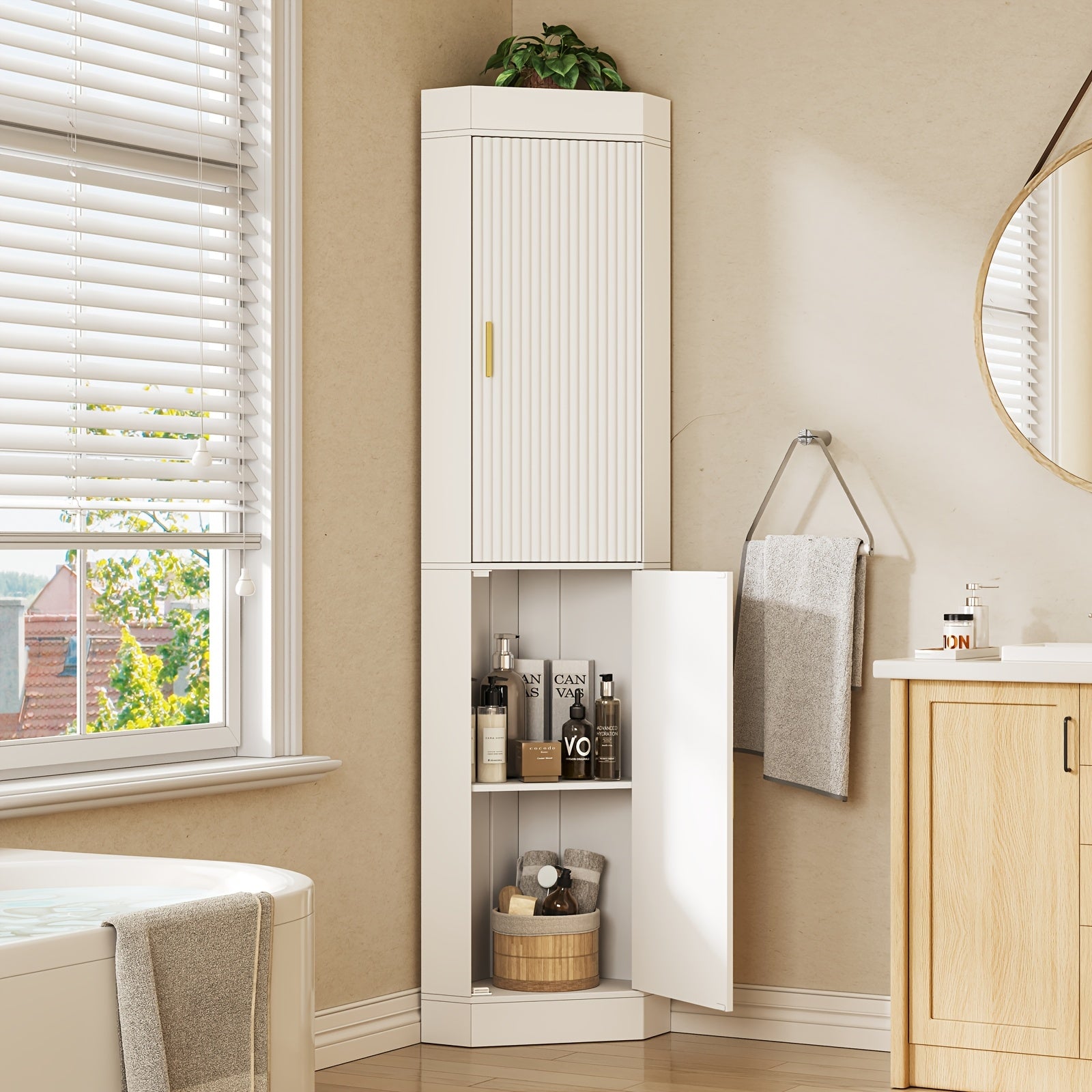 70.5-Inch Tall Corner Storage Cabinet with Fluted Doors, Entryway Corner Cabinet Organizer with Adjustable Shelves, Space Saving Storage for Hallway, Living Room, Bathroom, White, Natural, Gray, Walnut