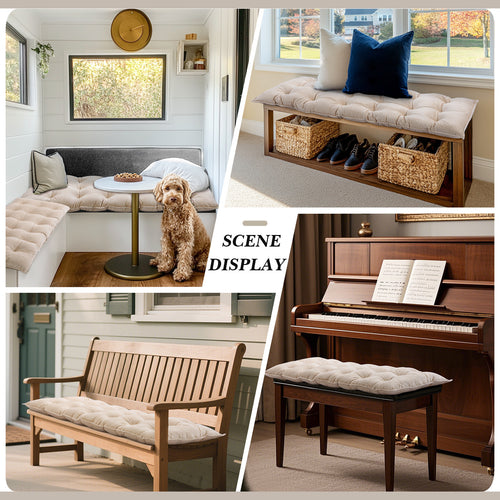 Bench Cushion for Indoor Furniture 48x18in Velvet Thicken Indoor Window Seat Cushion, Soft Piano Sofa, Entryway Storage, Bay Window Tufted Patio Porch Swing Bench Pad Memory Foam(Ivory)Garden Furniture and Chair Cushions