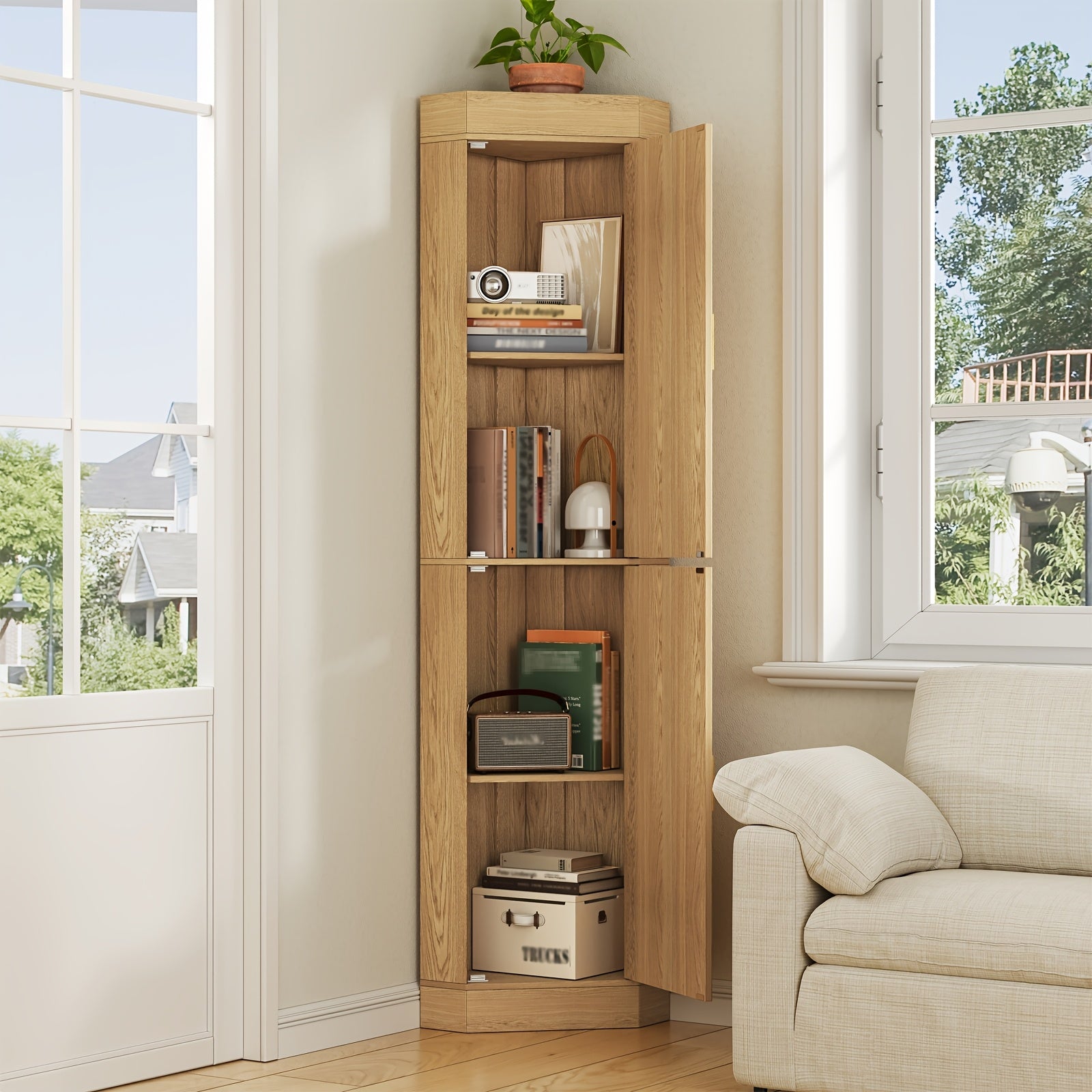 70.5-Inch Tall Corner Storage Cabinet with Fluted Doors, Entryway Corner Cabinet Organizer with Adjustable Shelves, Space Saving Storage for Hallway, Living Room, Bathroom, White, Natural, Gray, Walnut
