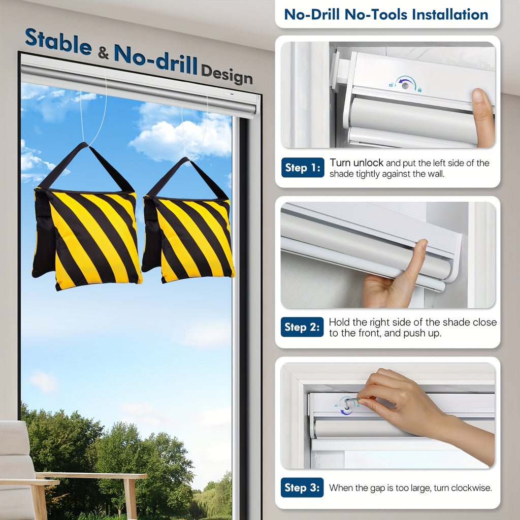 No-drill Roller Blinds, Solar Powered Electric Roller Blinds, Blinds with Remote Control, Solar Charging, Cordless, Privacy Protection, Suitable for Home And Office Decoration.