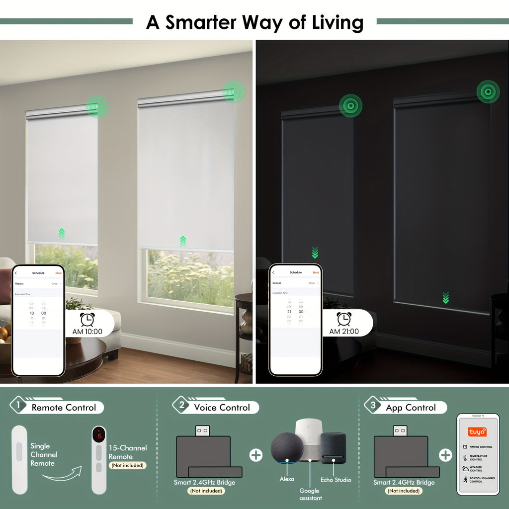 Solar-Powered Roller Shades, Electric Horizontal Blinds with Remote Control, Full Blackout Smart Roller Shades, Cordless, Privacy Protection, Hover Function, Suitable for Homes & Offices. Room Decor.