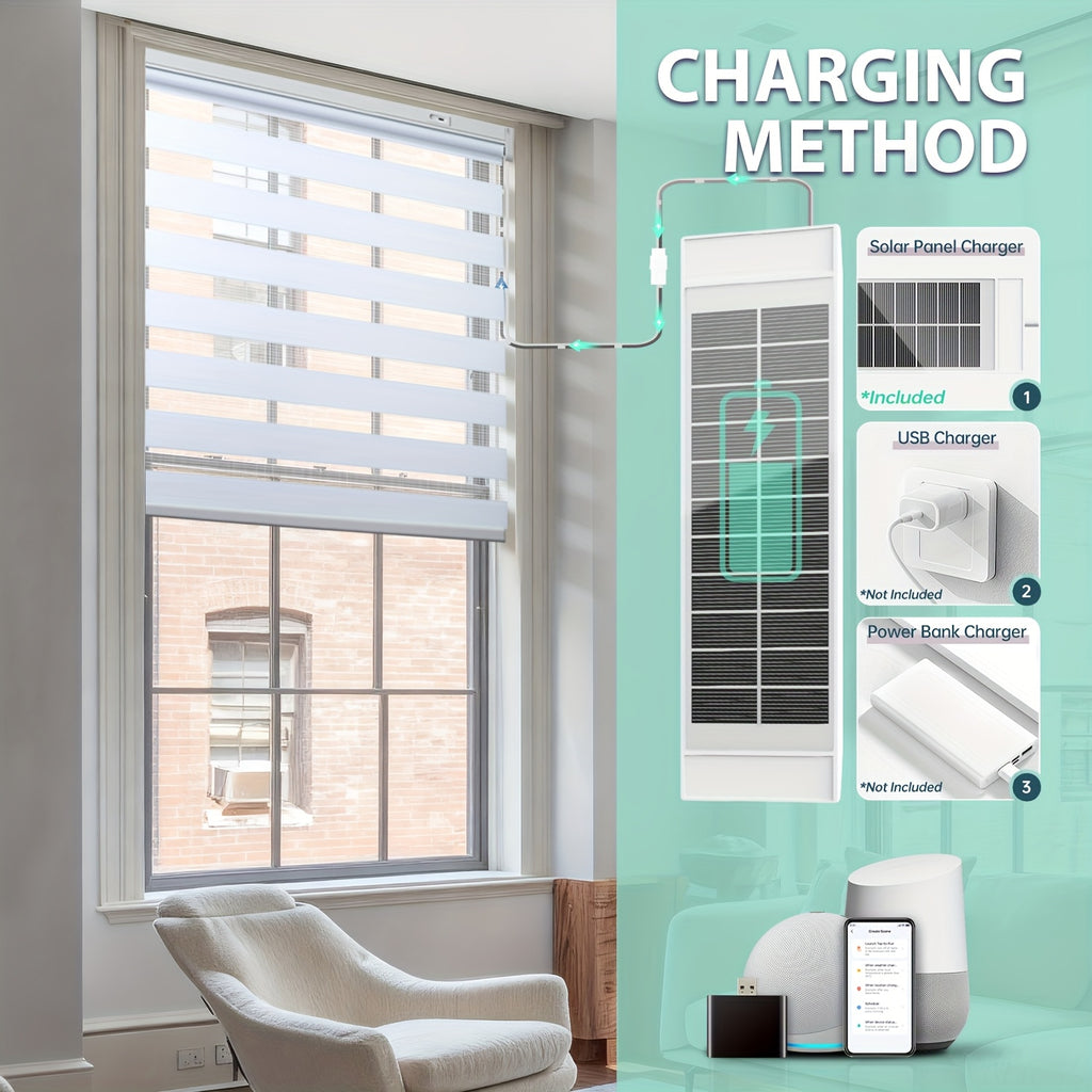No-drill Electric Zebra Blind,, Solar Powered Double-layer Automatic Sunshade with Remote Control Function, Rechargeable Intelligent Horizontal Wireless Electric Window Sunshade, Room Decor.