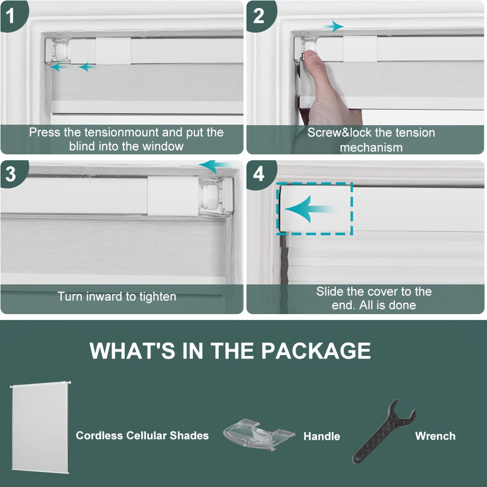 1pc Cordless No Drill Blinds Suitable for, Cordless Pull Down Honeycomb Shades with Thermal, UV Protection & Noise Reduction, -Free Hexagon Pleated Cellular Window Curtains for Bedrooms, Living Rooms, Offices, Easy Install