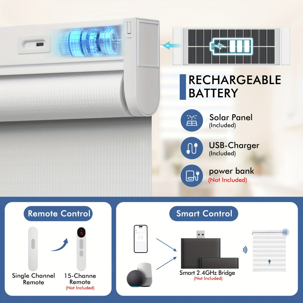 No-Drill Zebra Shades, Solar Blinds, Intelligent Electric Roller Shades, Dual Layer Light Filtering And Blackout Privacy Protected for Day And Night, Free-Stop Zebra Shades for Home Office, Easy to Install