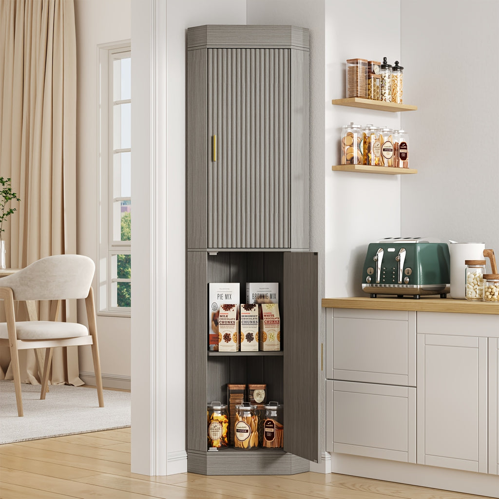 Corner Bar Cabinet with Fluted Doors, Corner Hutch with Storage, Tall Corner Cabinet with Adjustable Shelves, Home Space Saver for Kitchen, Living Room, Bedroom, Bathroom, Laundry, White, Natural