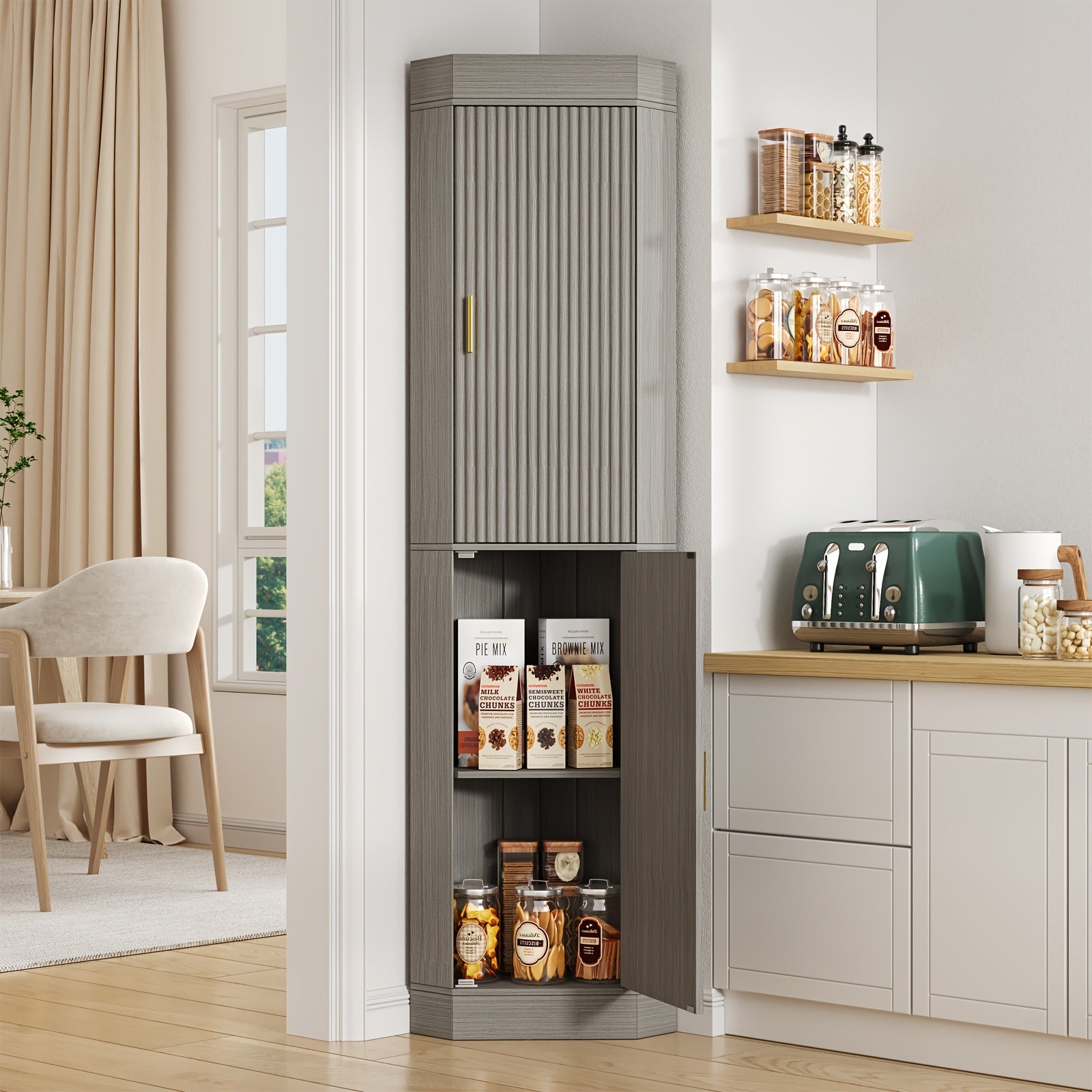 Corner Bar Cabinet with Fluted Doors, Corner Hutch with Storage, Tall Corner Cabinet with Adjustable Shelves, Home Space Saver for Kitchen, Living Room, Bedroom, Bathroom, Laundry, White, Natural