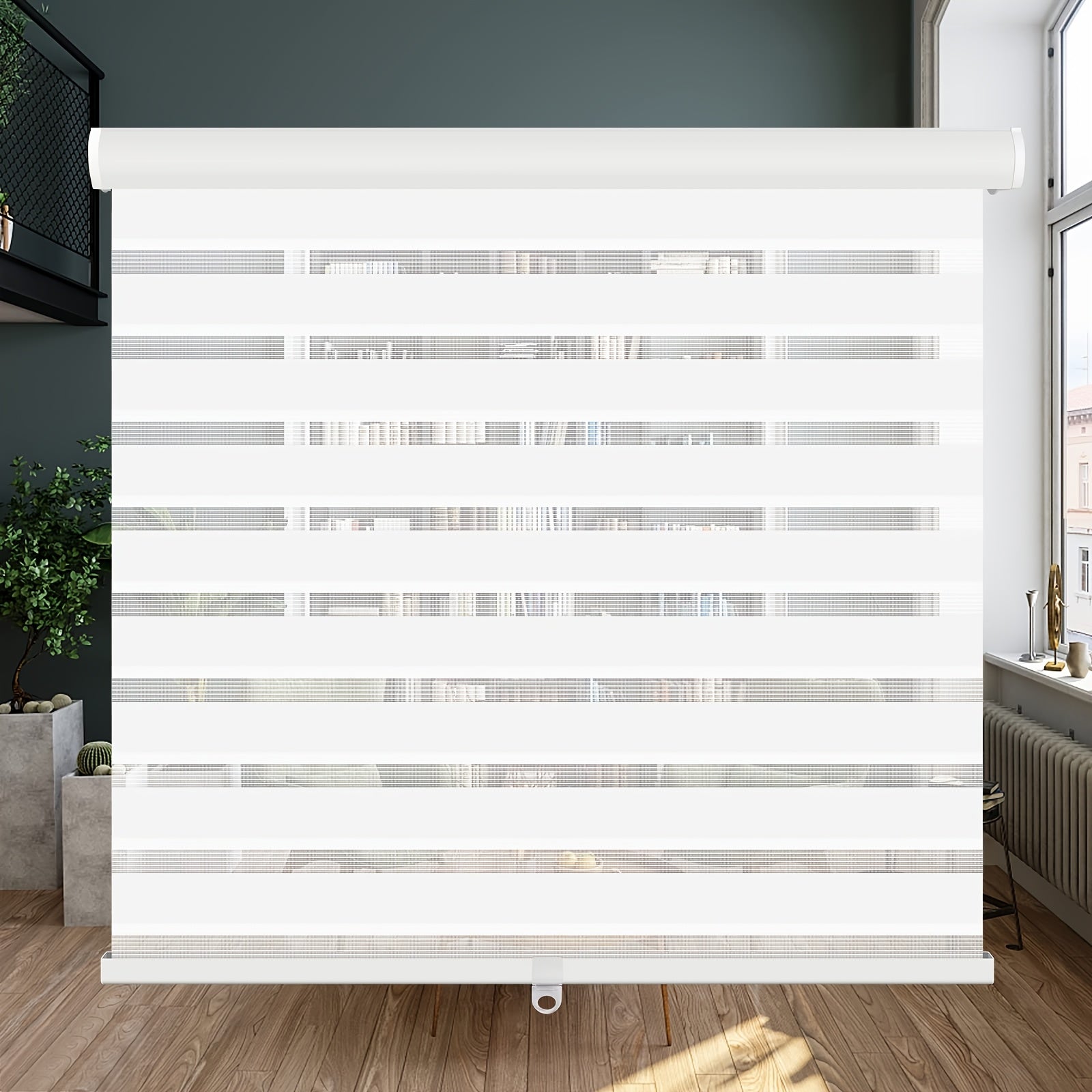 Wireless Zebra Roller Shades for Windows - Dual-Layer Sheer Blinds for Light Management, Featuring a Valance for Day And Night Privacy with Light-Filtering Fabric