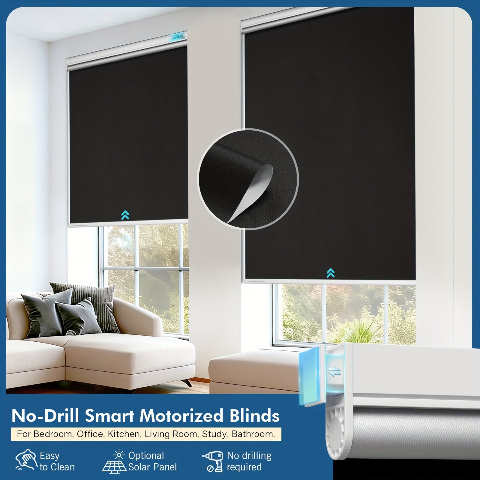 No-drill Roller Blinds, Solar Powered Electric Roller Blinds, Blinds with Remote Control, Solar Charging, Cordless, Privacy Protection, Suitable for Home And Office Decoration.