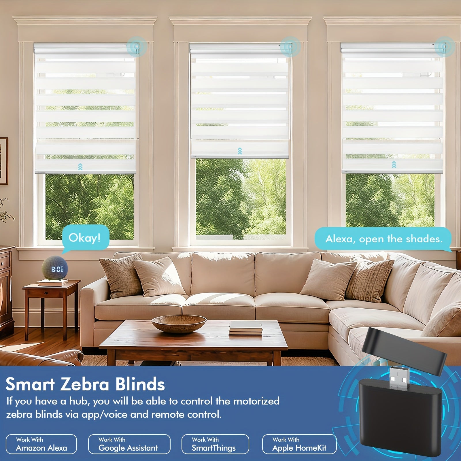 No-Drill Zebra Shades, Solar Blinds, Intelligent Electric Roller Shades, Dual Layer Light Filtering And Blackout Privacy Protected for Day And Night, Free-Stop Zebra Shades for Home Office, Easy to Install