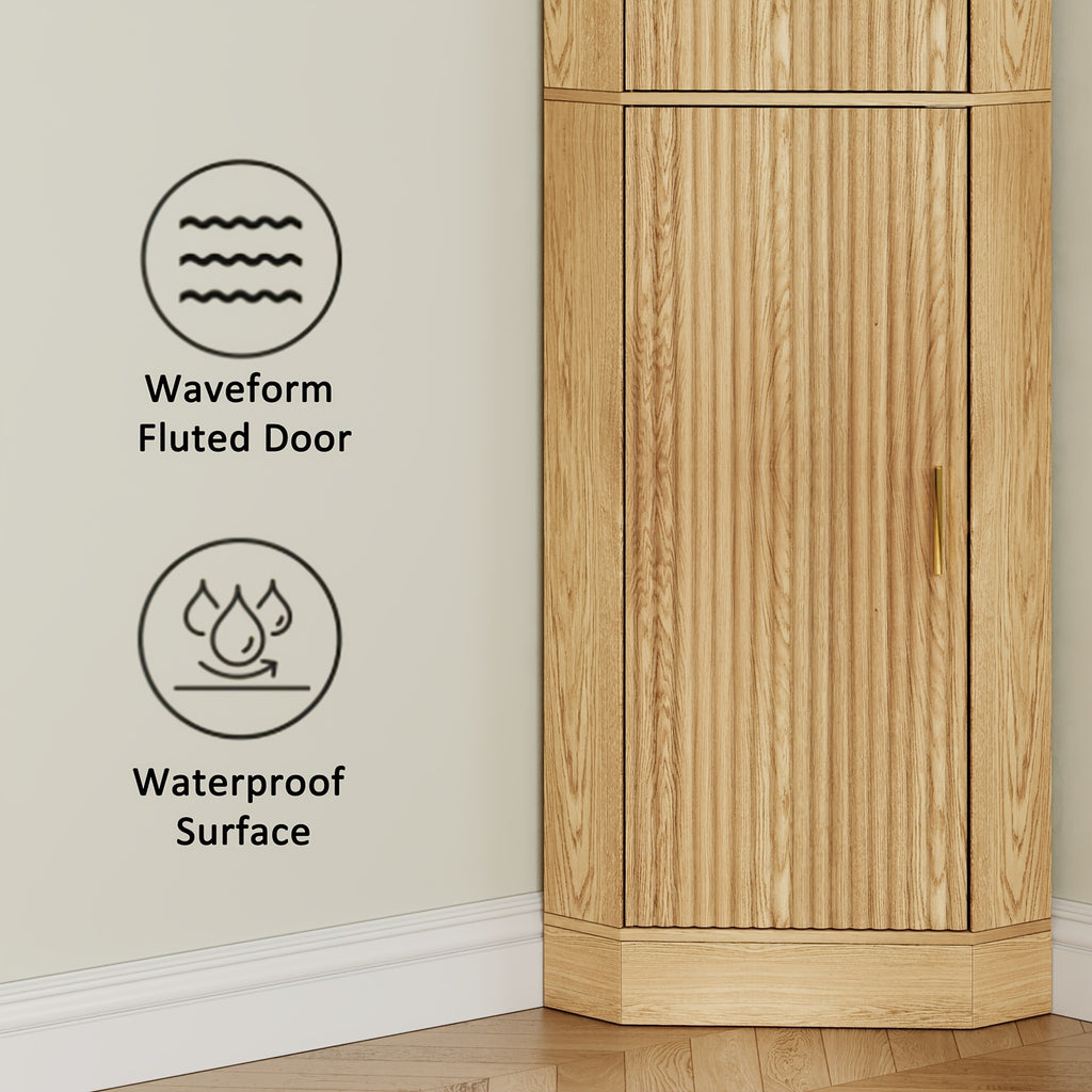Corner Bar Cabinet with Fluted Doors, Corner Hutch with Storage, Tall Corner Cabinet with Adjustable Shelves, Home Space Saver for Kitchen, Living Room, Bedroom, Bathroom, Laundry, White, Natural