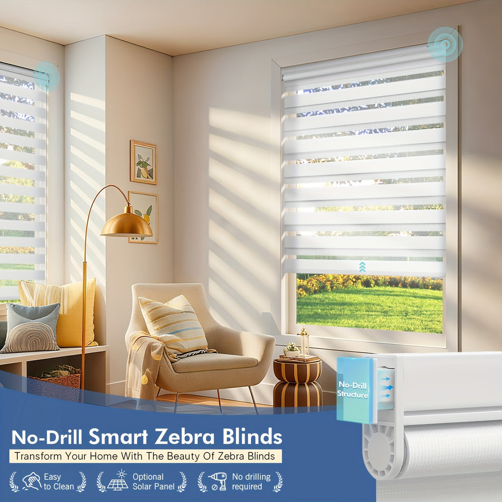 No-Drill Zebra Shades, Solar Blinds, Intelligent Electric Roller Shades, Dual Layer Light Filtering And Blackout Privacy Protected for Day And Night, Free-Stop Zebra Shades for Home Office, Easy to Install