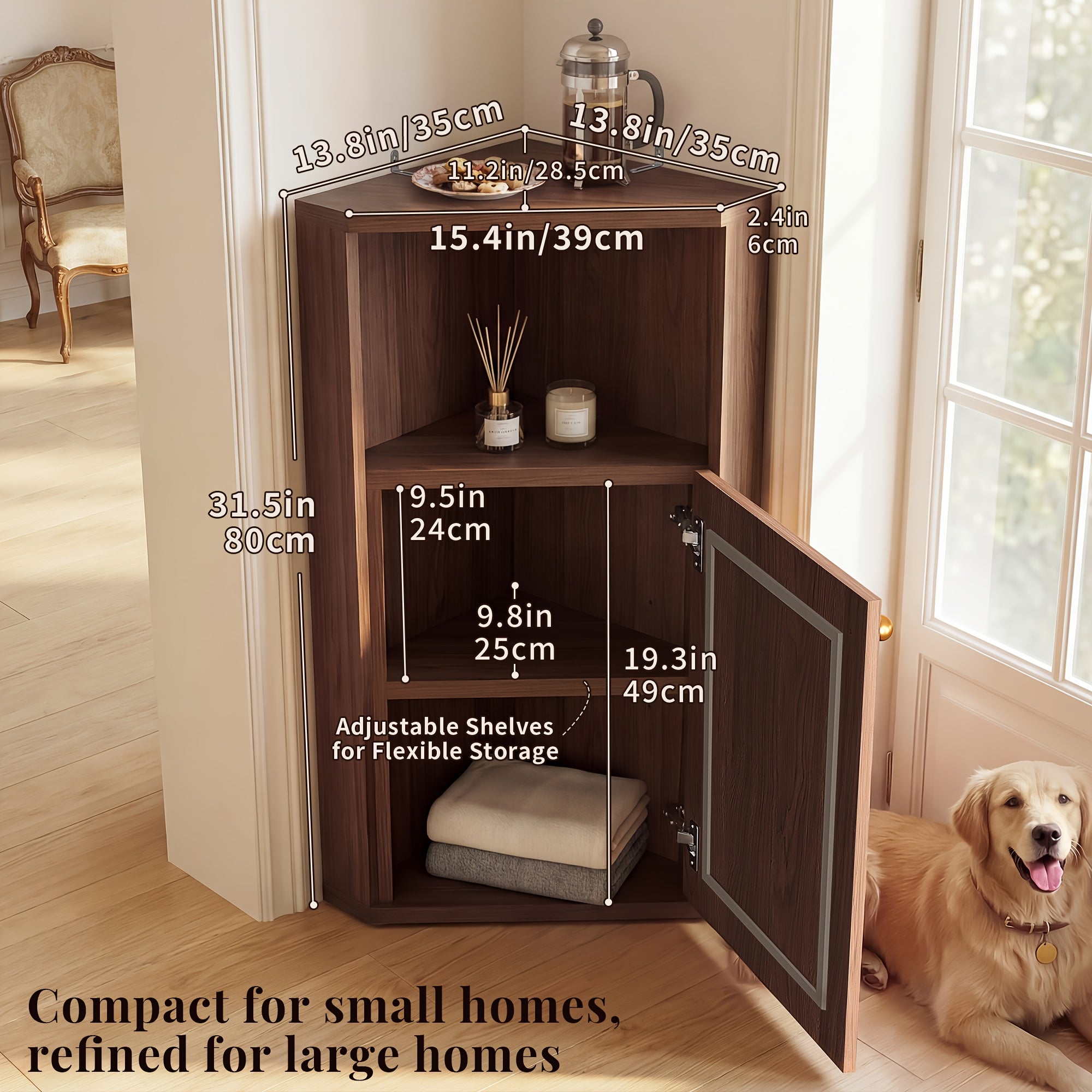 OMCHOM Tall Corner Storage Cabinet Freestanding Narrow Space-Saving Cabinet with Rattan Door & Adjustable Shelves, Anti-Tip Base Suitable for Bathroom, Bedroom, Living Room, Home Office, Walnut & Furniture Organizer