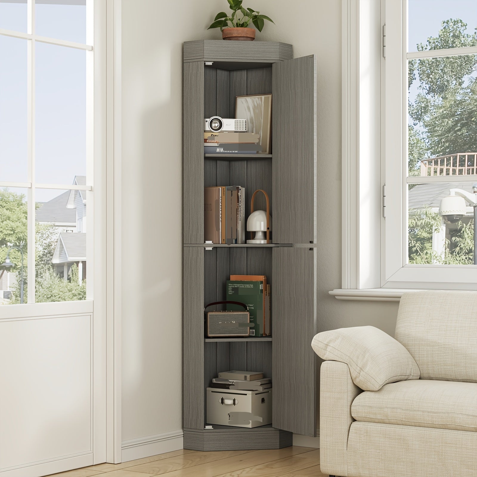 70.5-Inch Tall Corner Storage Cabinet with Fluted Doors, Entryway Corner Cabinet Organizer with Adjustable Shelves, Space Saving Storage for Hallway, Living Room, Bathroom, White, Natural, Gray, Walnut
