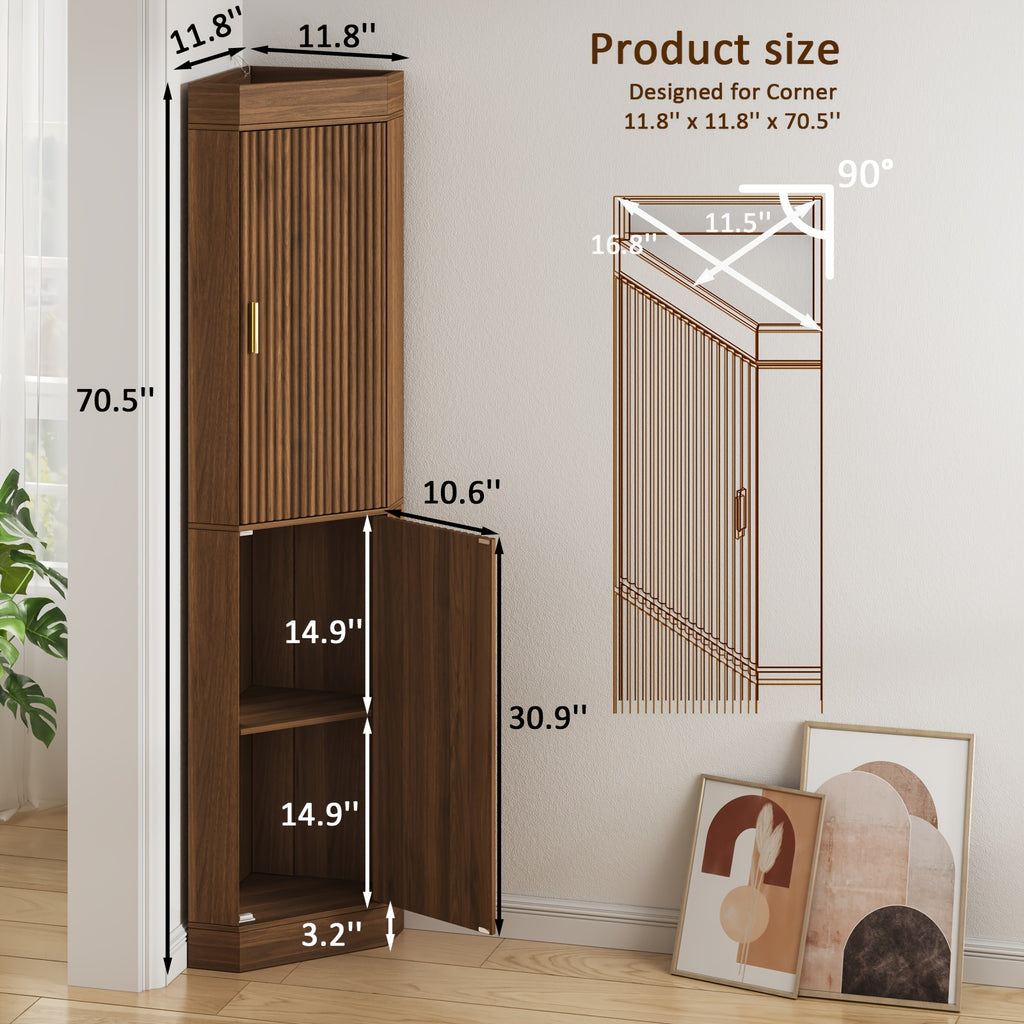 Corner Bar Cabinet with Fluted Doors, Corner Hutch with Storage, Tall Corner Cabinet with Adjustable Shelves, Home Space Saver for Kitchen, Living Room, Bedroom, Bathroom, Laundry, White, Natural