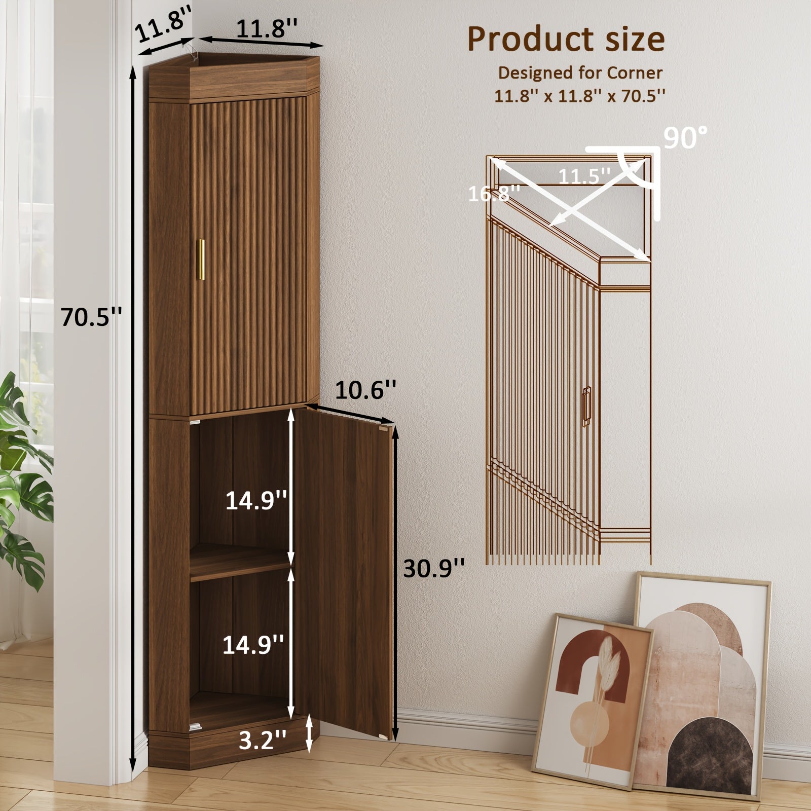 Corner Bar Cabinet with Fluted Doors, Corner Hutch with Storage, Tall Corner Cabinet with Adjustable Shelves, Home Space Saver for Kitchen, Living Room, Bedroom, Bathroom, Laundry, White, Natural