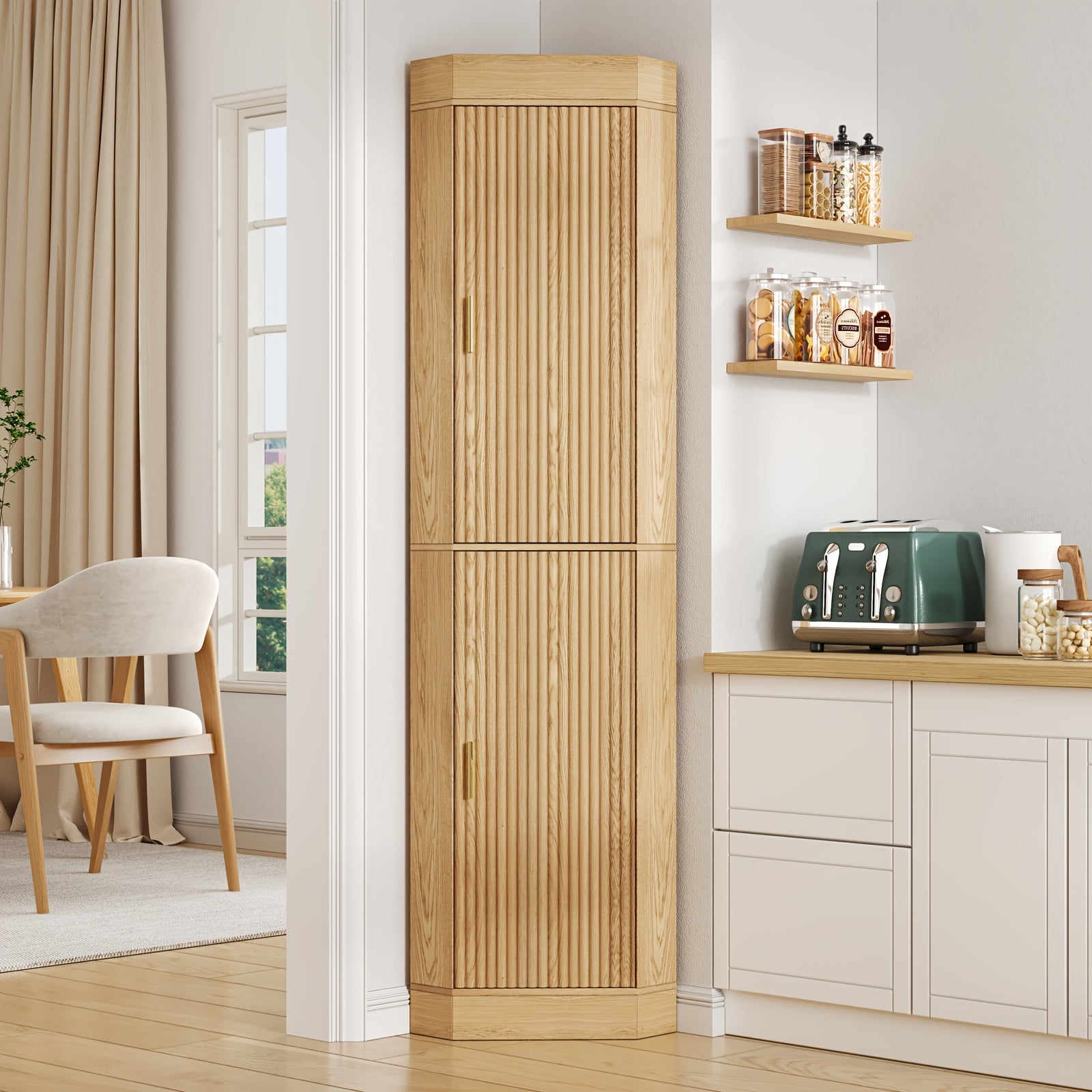 Corner Bar Cabinet with Fluted Doors, Corner Hutch with Storage, Tall Corner Cabinet with Adjustable Shelves, Home Space Saver for Kitchen, Living Room, Bedroom, Bathroom, Laundry, White, Natural