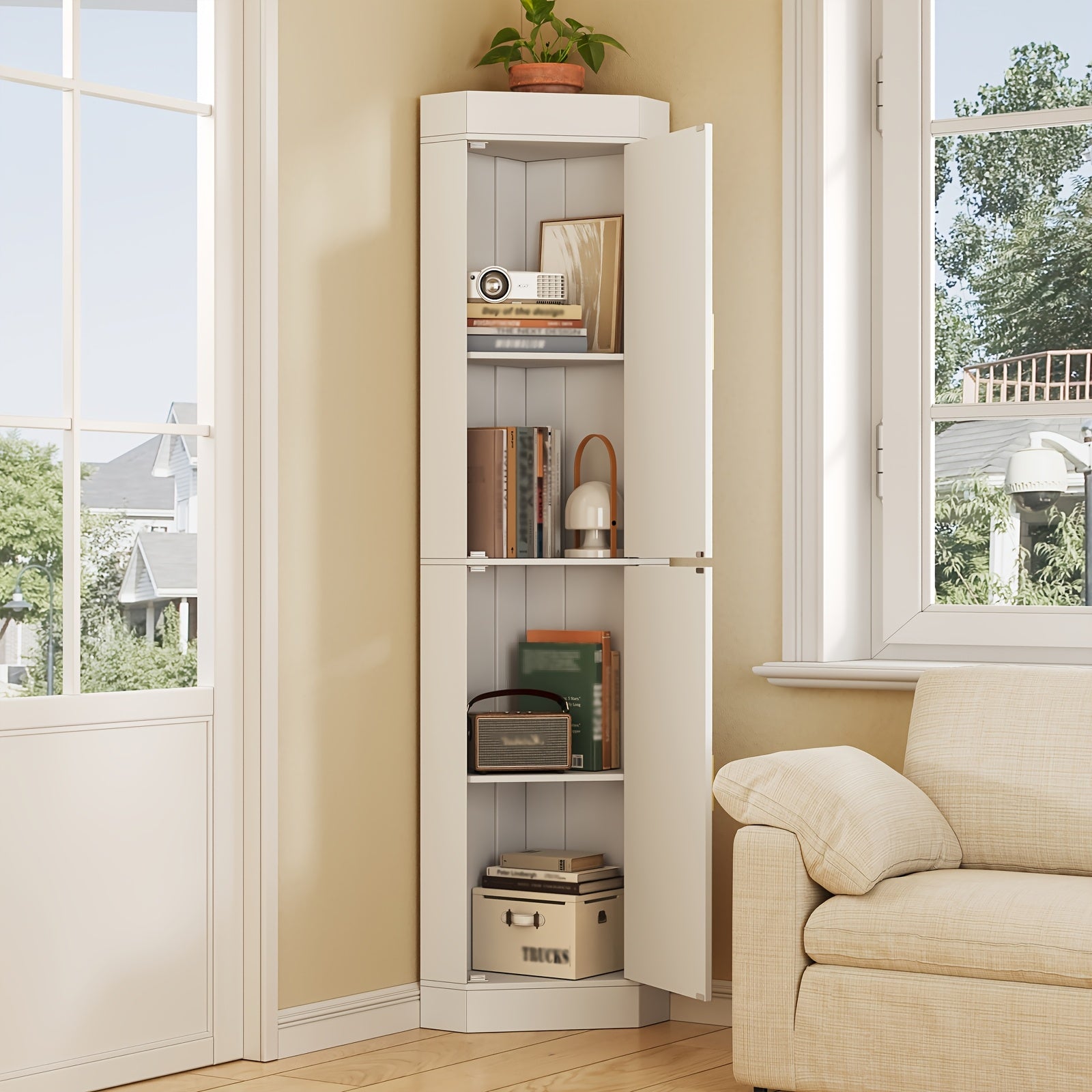 70.5-Inch Tall Corner Storage Cabinet with Fluted Doors, Entryway Corner Cabinet Organizer with Adjustable Shelves, Space Saving Storage for Hallway, Living Room, Bathroom, White, Natural, Gray, Walnut