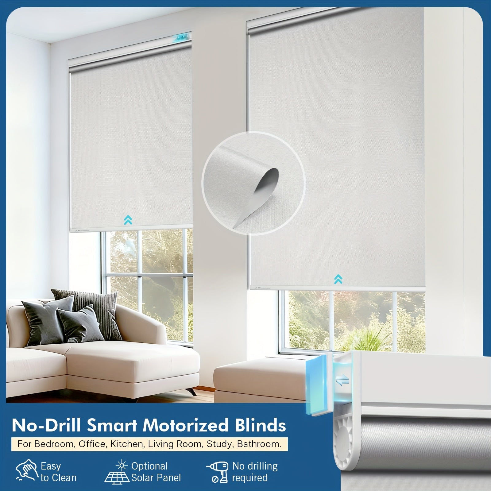 No-drill Roller Blinds, Solar Powered Electric Roller Blinds, Blinds with Remote Control, Solar Charging, Cordless, Privacy Protection, Suitable for Home And Office Decoration.