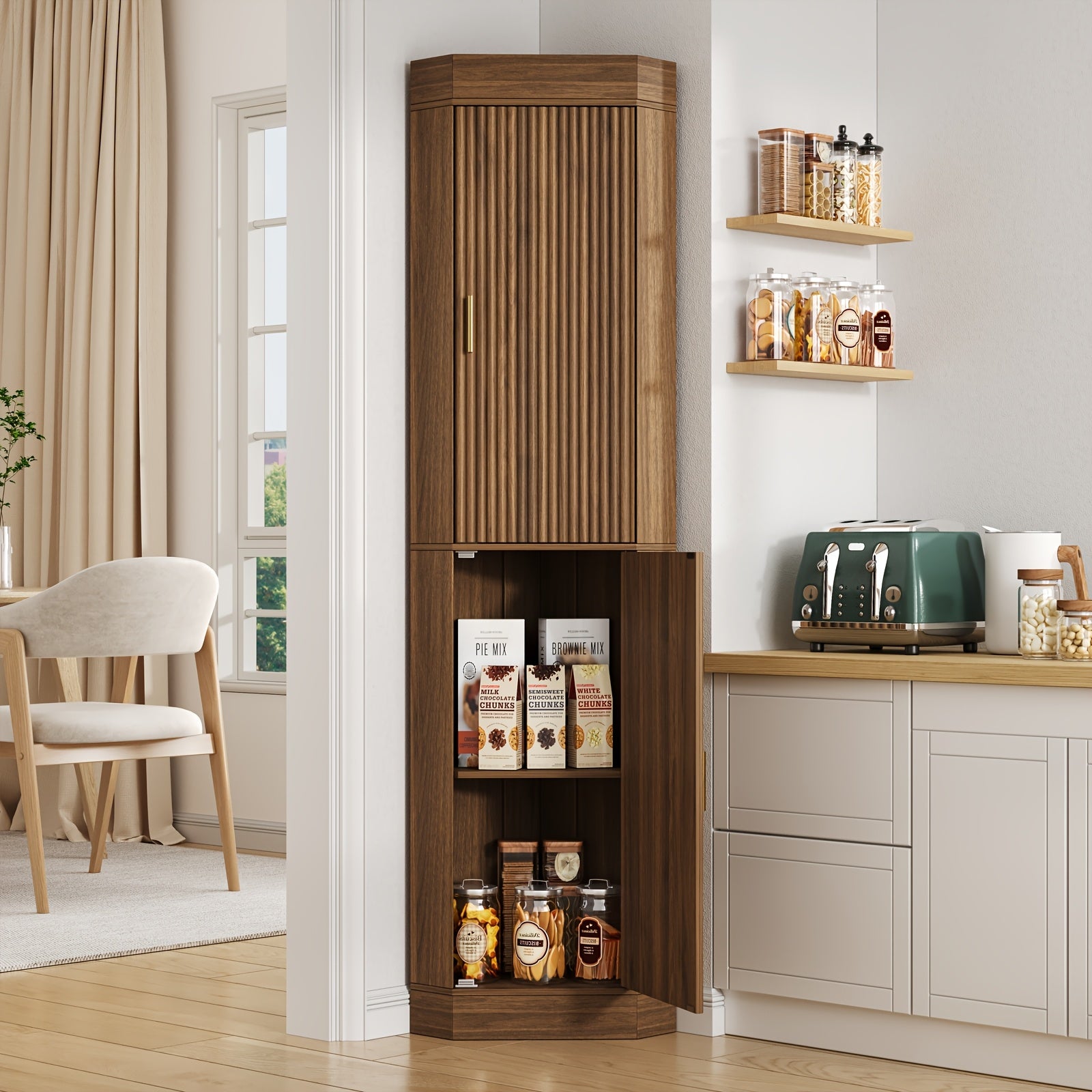 Corner Bar Cabinet with Fluted Doors, Corner Hutch with Storage, Tall Corner Cabinet with Adjustable Shelves, Home Space Saver for Kitchen, Living Room, Bedroom, Bathroom, Laundry, White, Natural