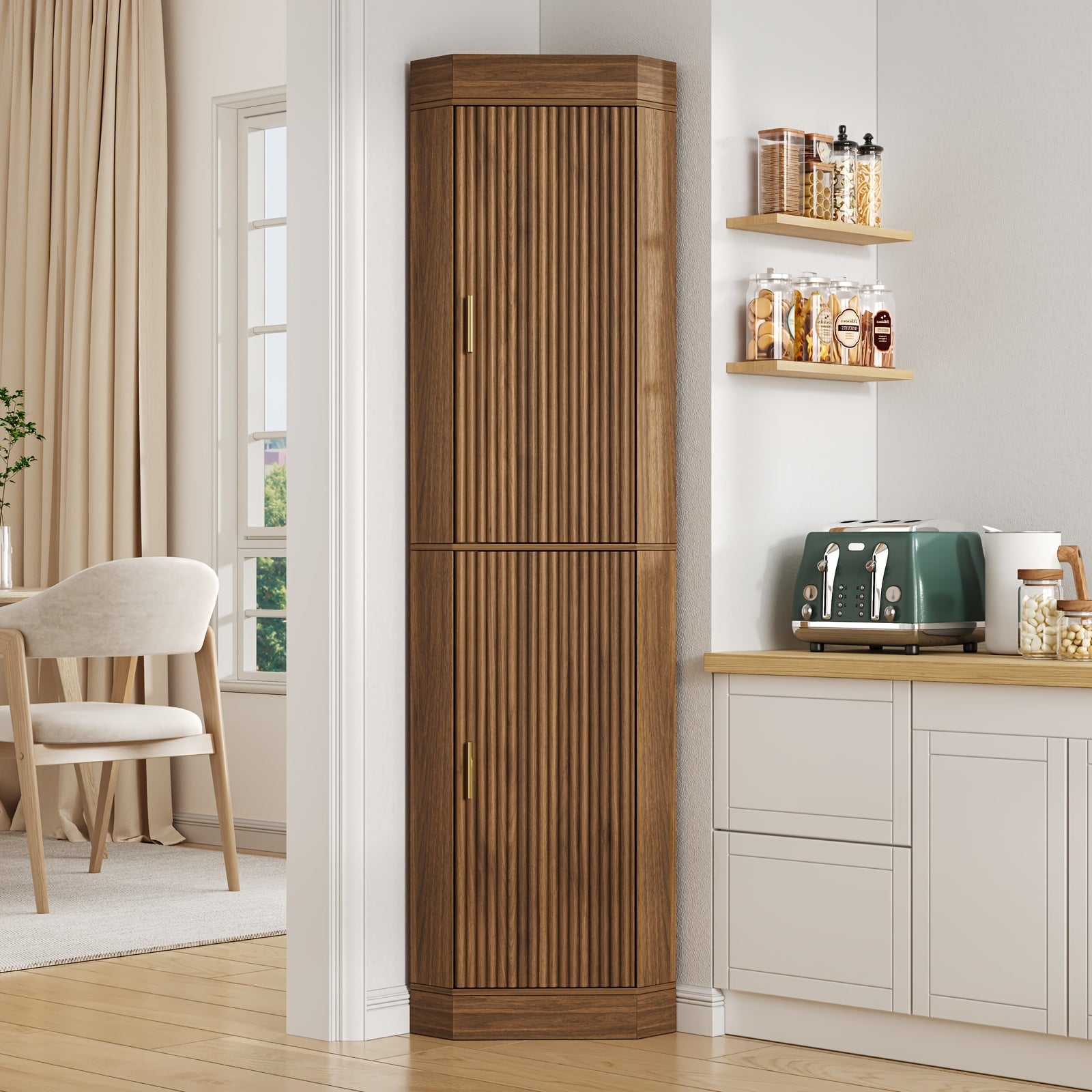 Corner Bar Cabinet with Fluted Doors, Corner Hutch with Storage, Tall Corner Cabinet with Adjustable Shelves, Home Space Saver for Kitchen, Living Room, Bedroom, Bathroom, Laundry, White, Natural